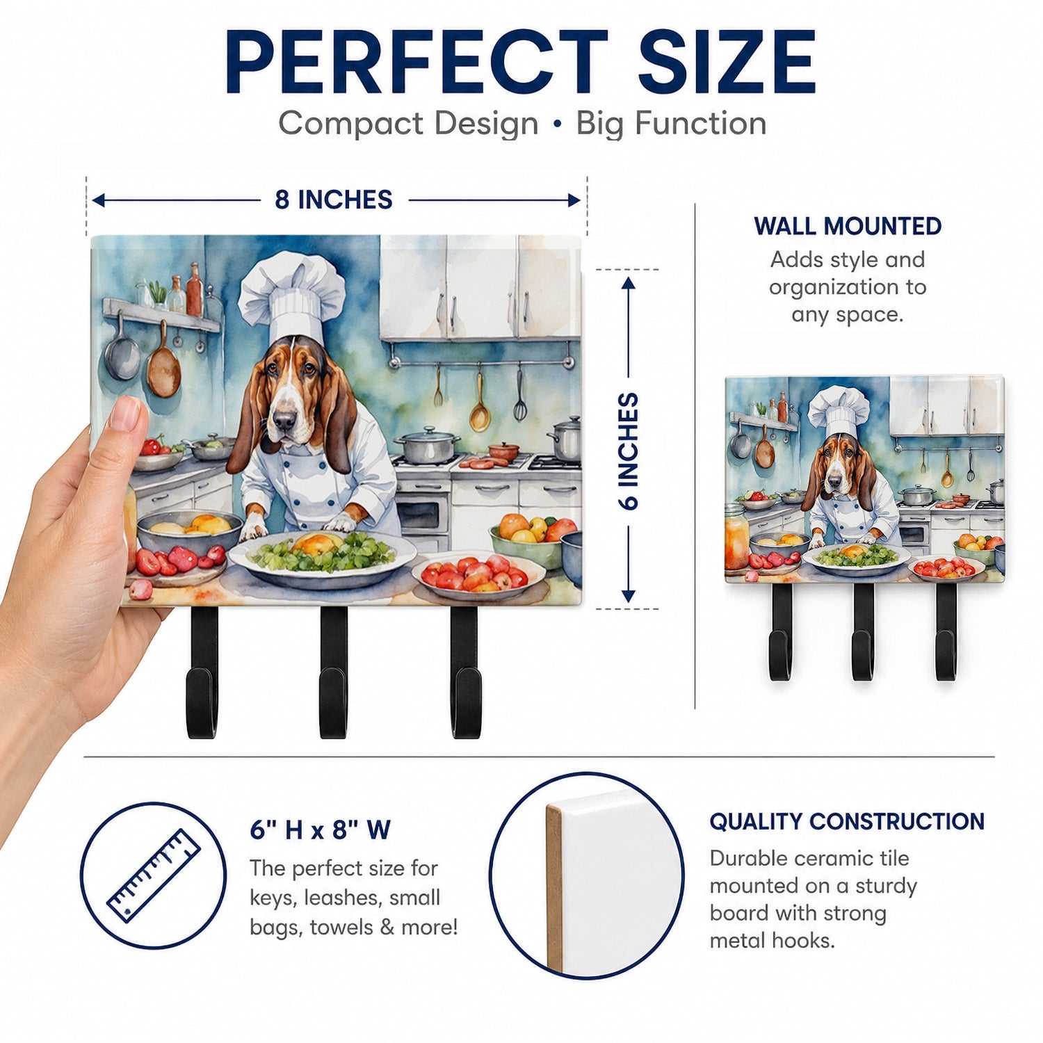 Basset Hound The Chef Leash or Key Holder Wall Hooks, Coat Rack Wall Mount, for Hanging Keys, Towels, Aprons, Leashes