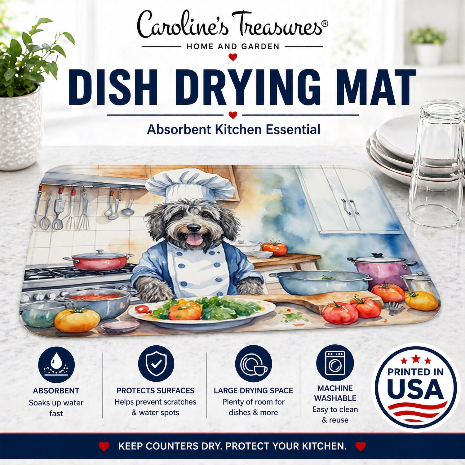 Bergamasco Sheepdog The Chef Dish Drying Mat Absorbent Dish Drying Mat Pad for Kitchen Counter Dish Drainer Mat for Countertop, 14 x 21", Multicolor