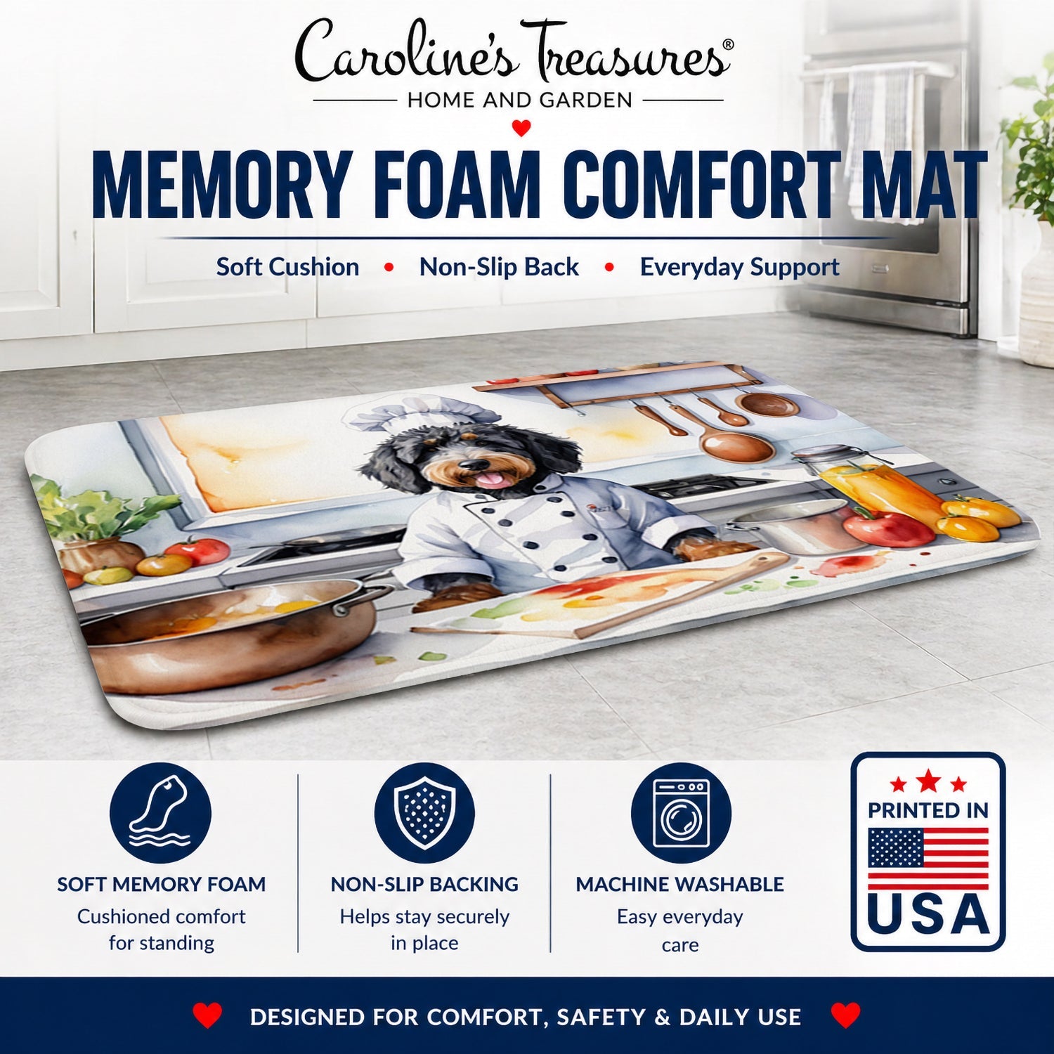 Bernedoodle The Chef Memory Foam Kitchen Mat Machine Washable Anti-Fatigue Cushion Comfort Bath or Kitchen Rug