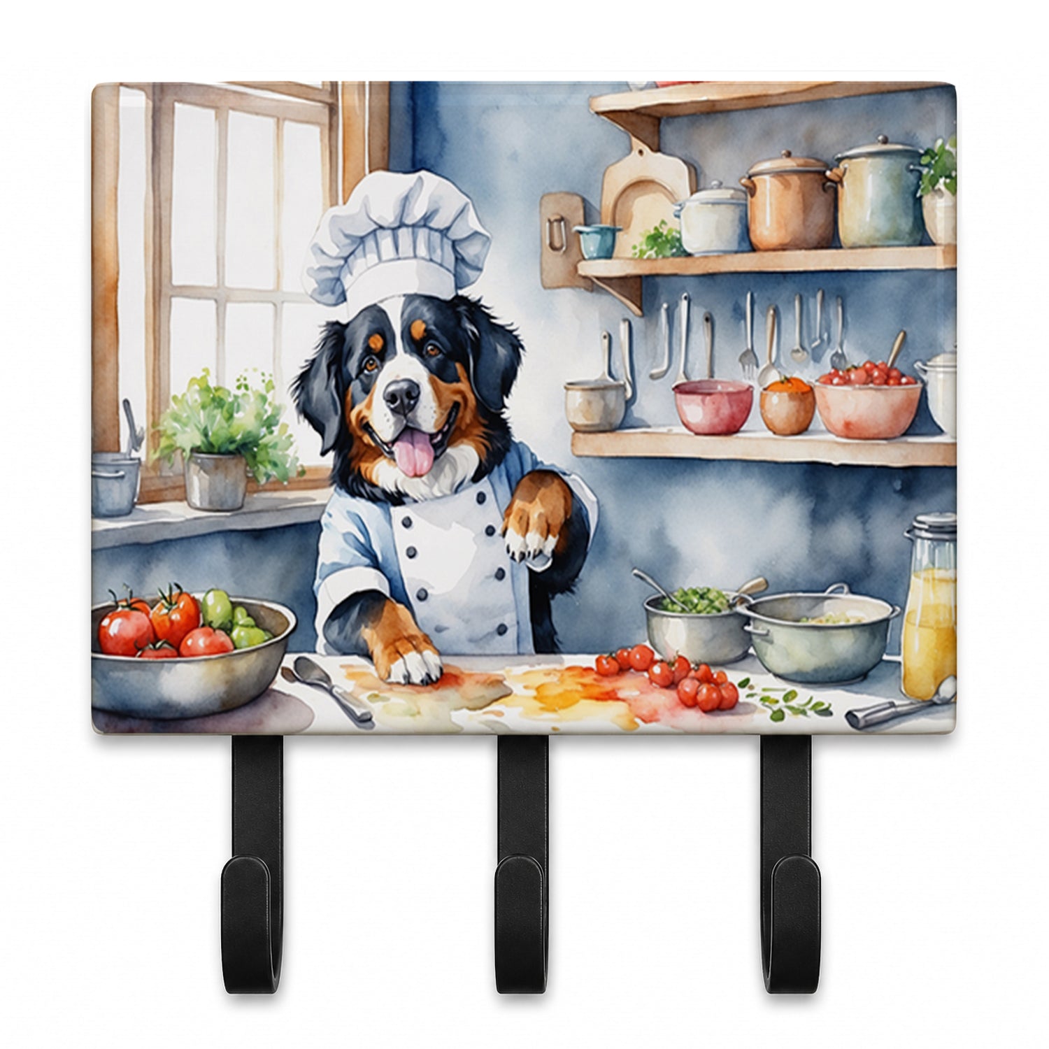 Bernese Mountain Dog The Chef Leash or Key Holder Wall Hooks, Coat Rack Wall Mount, for Hanging Keys, Towels, Aprons, Leashes