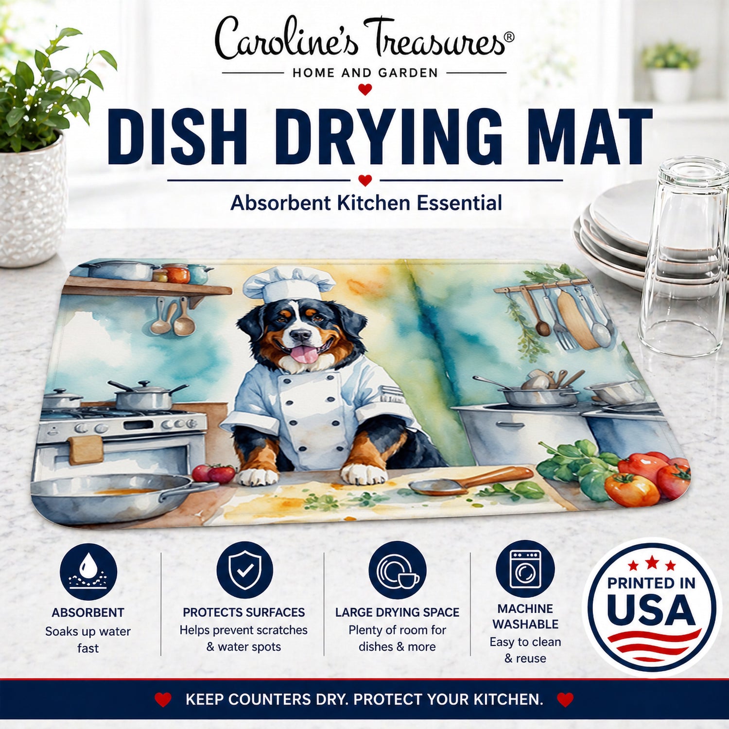 Bernese Mountain Dog The Chef Dish Drying Mat Absorbent Dish Drying Mat Pad for Kitchen Counter Dish Drainer Mat for Countertop, 14 x 21", Multicolor