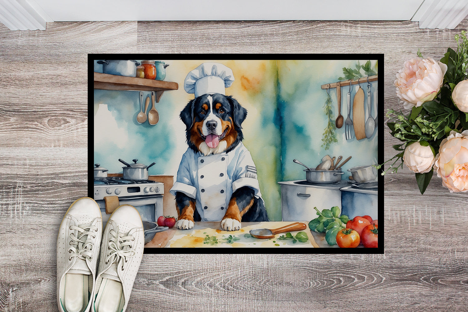 Bernese Mountain Dog The Chef Doormat Indoor Outdoor 24H X 36W Front Door Mat Rugs for Entryway, Non Slip Washable Low Pile,
