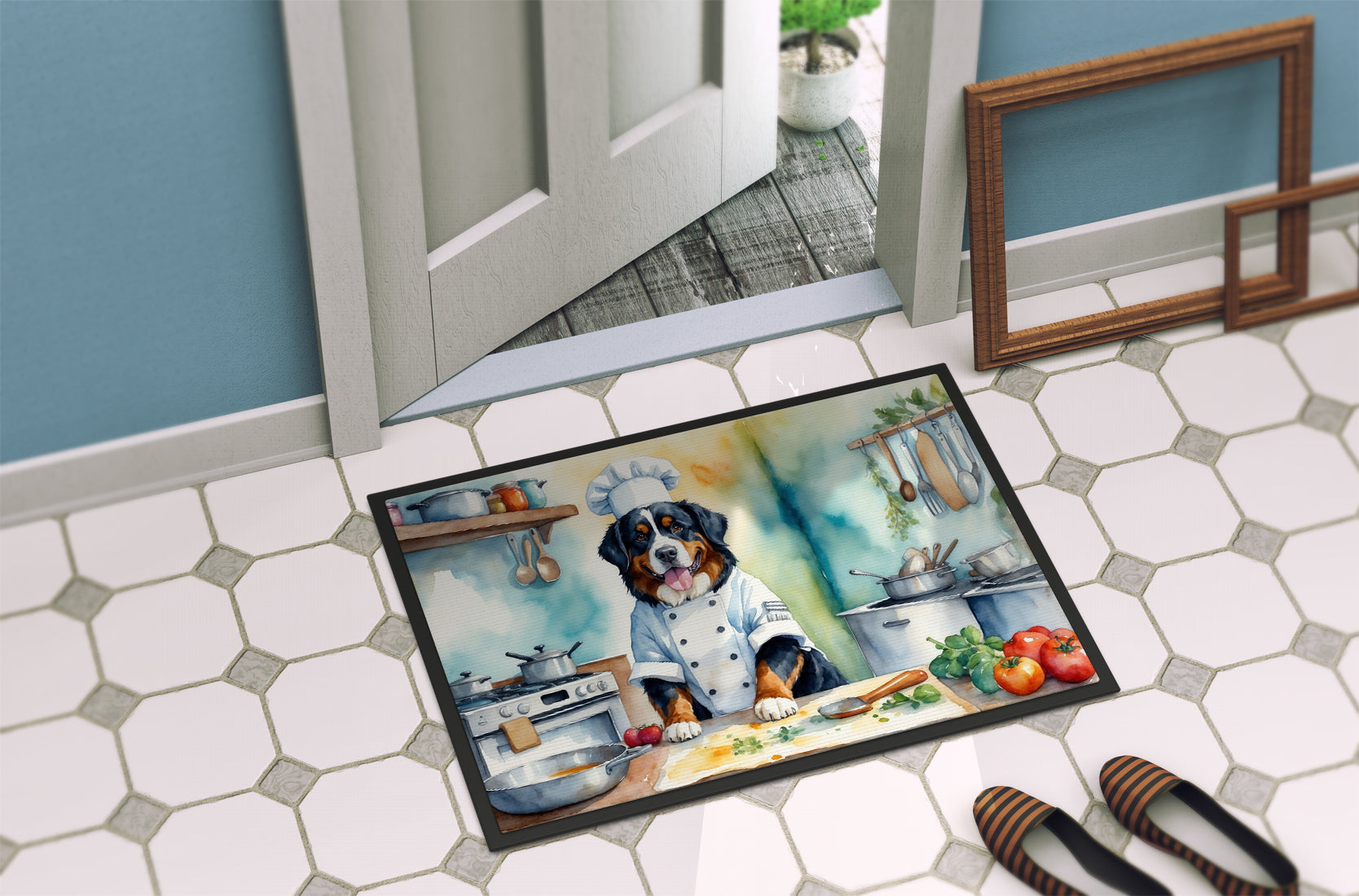 Bernese Mountain Dog The Chef Doormat Indoor Outdoor 18H X 27W Front Door Mat Rugs for Entryway, Non Slip Washable