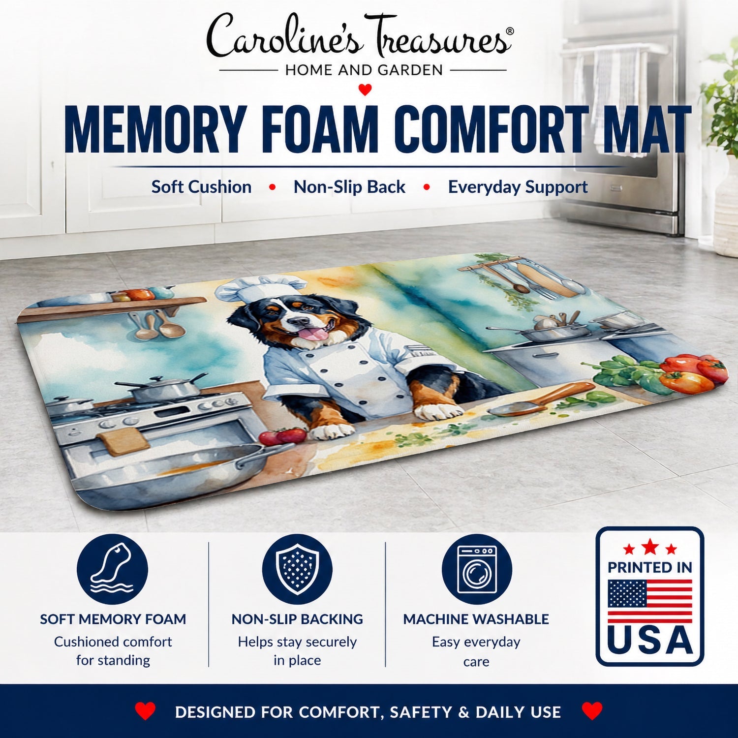 Bernese Mountain Dog The Chef Memory Foam Kitchen Mat Machine Washable Anti-Fatigue Cushion Comfort Bath or Kitchen Rug