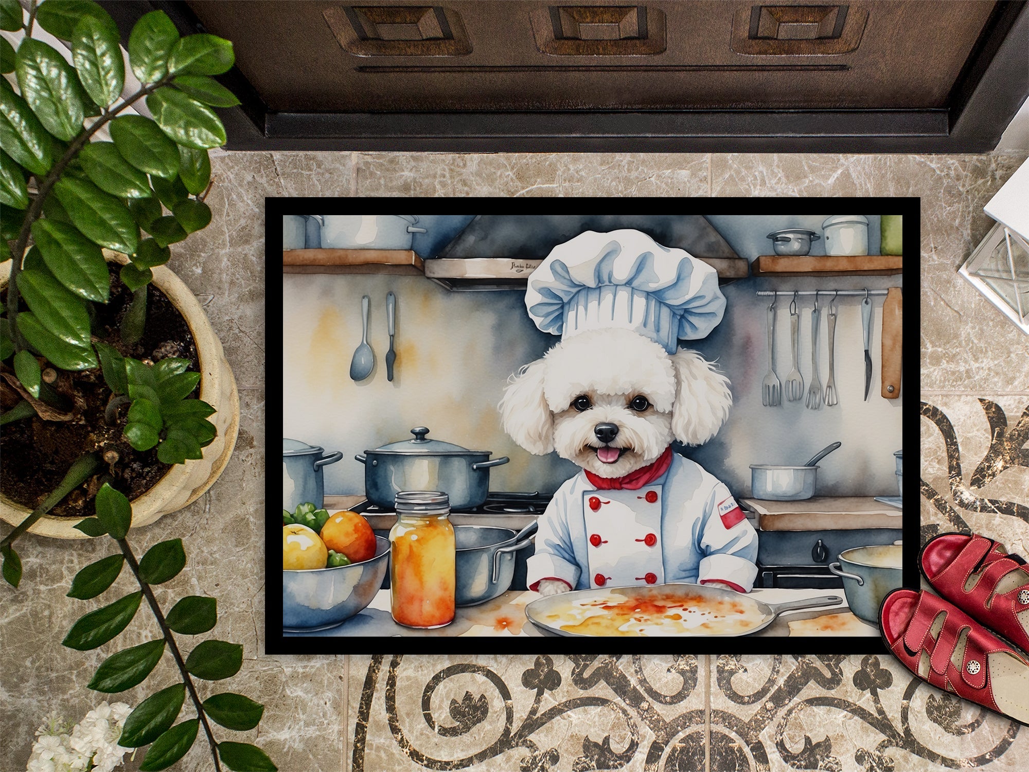 Bichon Frise The Chef Doormat Indoor Outdoor 18H X 27W Front Door Mat Rugs for Entryway, Non Slip Washable