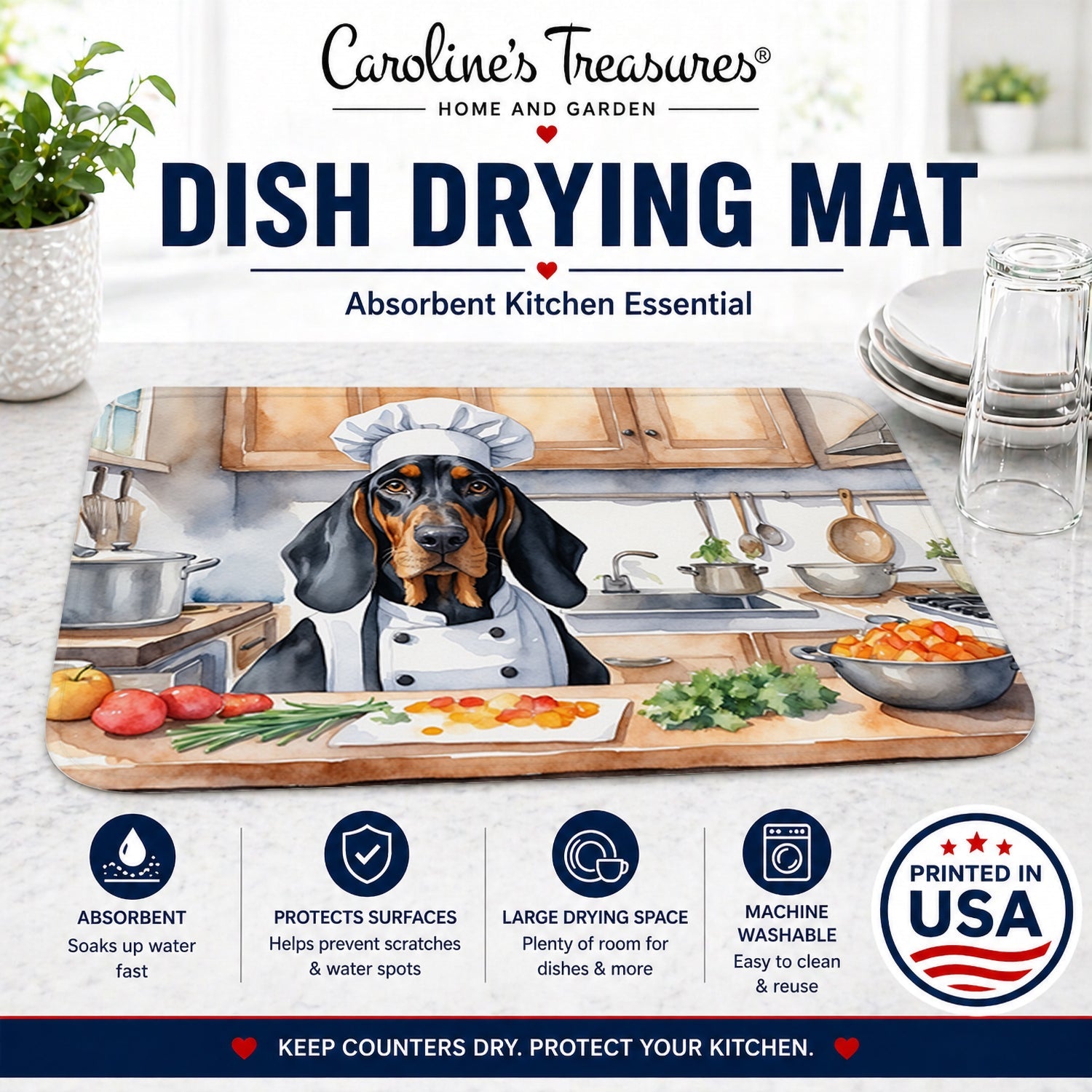 Black and Tan Coonhound The Chef Dish Drying Mat Absorbent Dish Drying Mat Pad for Kitchen Counter Dish Drainer Mat for Countertop, 14 x 21", Multicolor