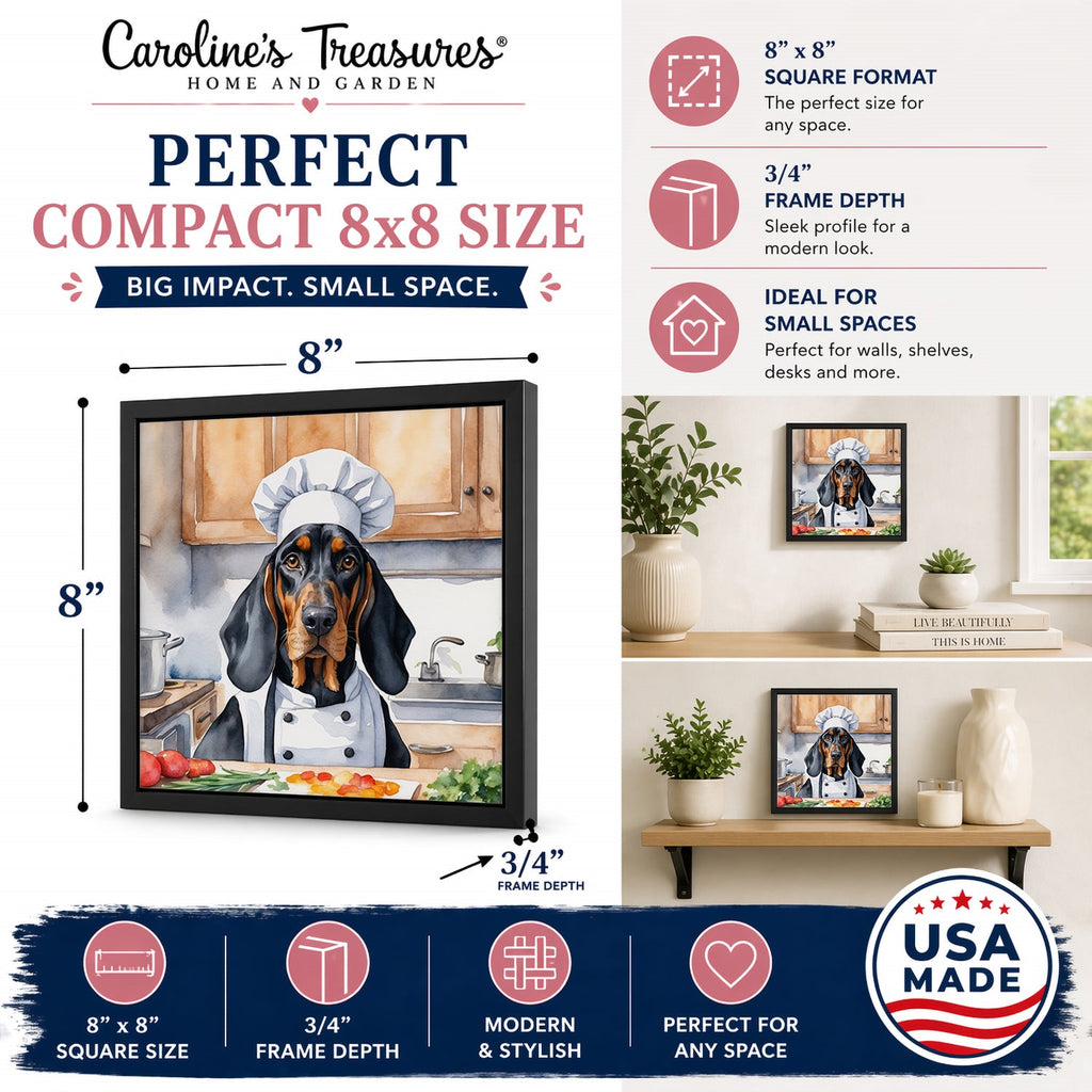 Black and Tan Coonhound The Chef Framed Metal Print Bathroom, Kitchen, Office, Home Decor Wall Art Ready to Hang, Square, 8X8
