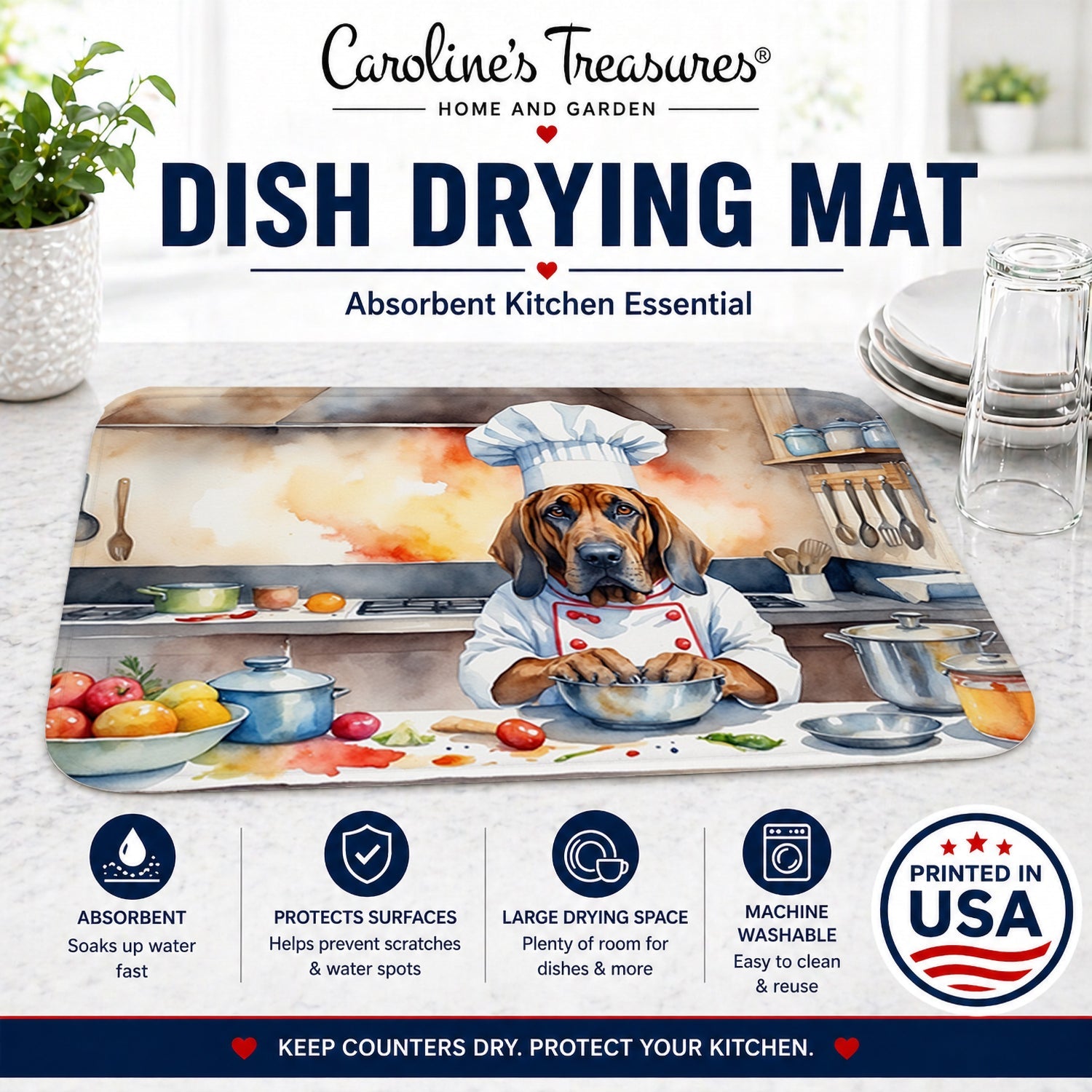 Bloodhound The Chef Dish Drying Mat Absorbent Dish Drying Mat Pad for Kitchen Counter Dish Drainer Mat for Countertop, 14 x 21", Multicolor
