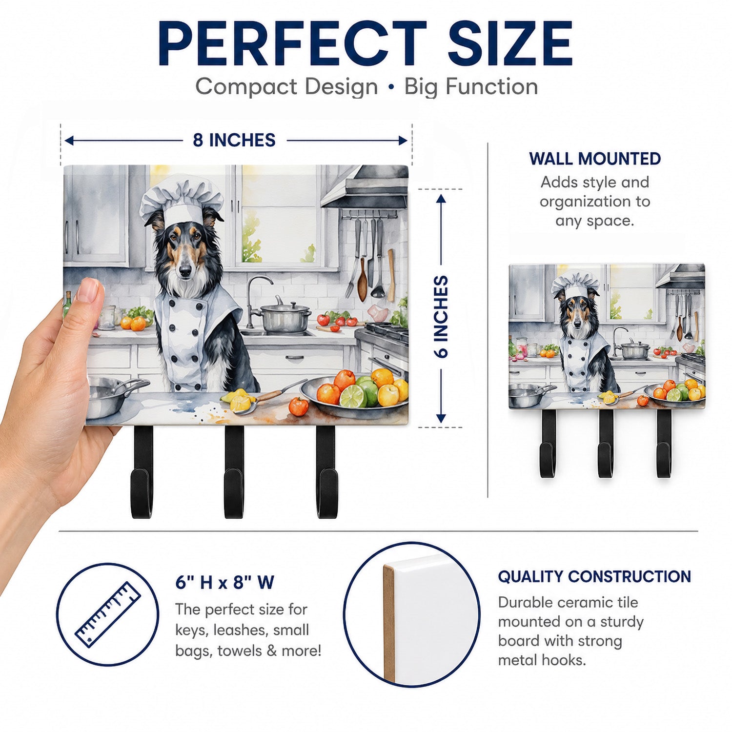 Borzoi The Chef Leash or Key Holder Wall Hooks, Coat Rack Wall Mount, for Hanging Keys, Towels, Aprons, Leashes