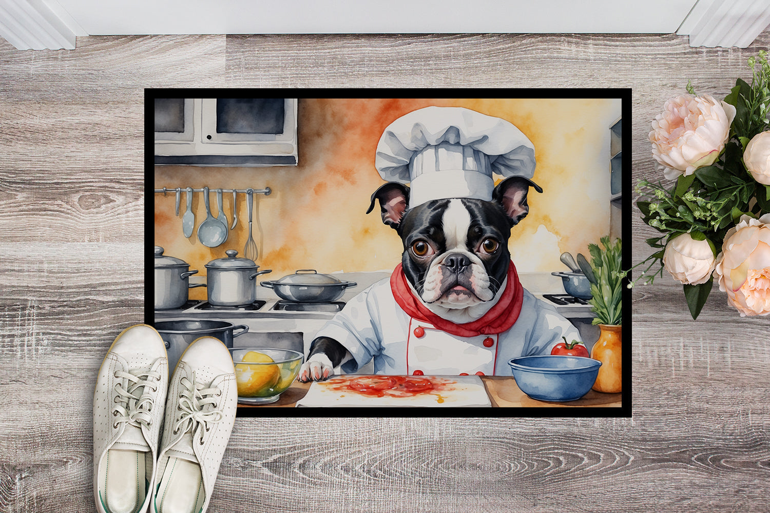Boston Terrier The Chef Doormat Indoor Outdoor 24H X 36W Front Door Mat Rugs for Entryway, Non Slip Washable Low Pile,
