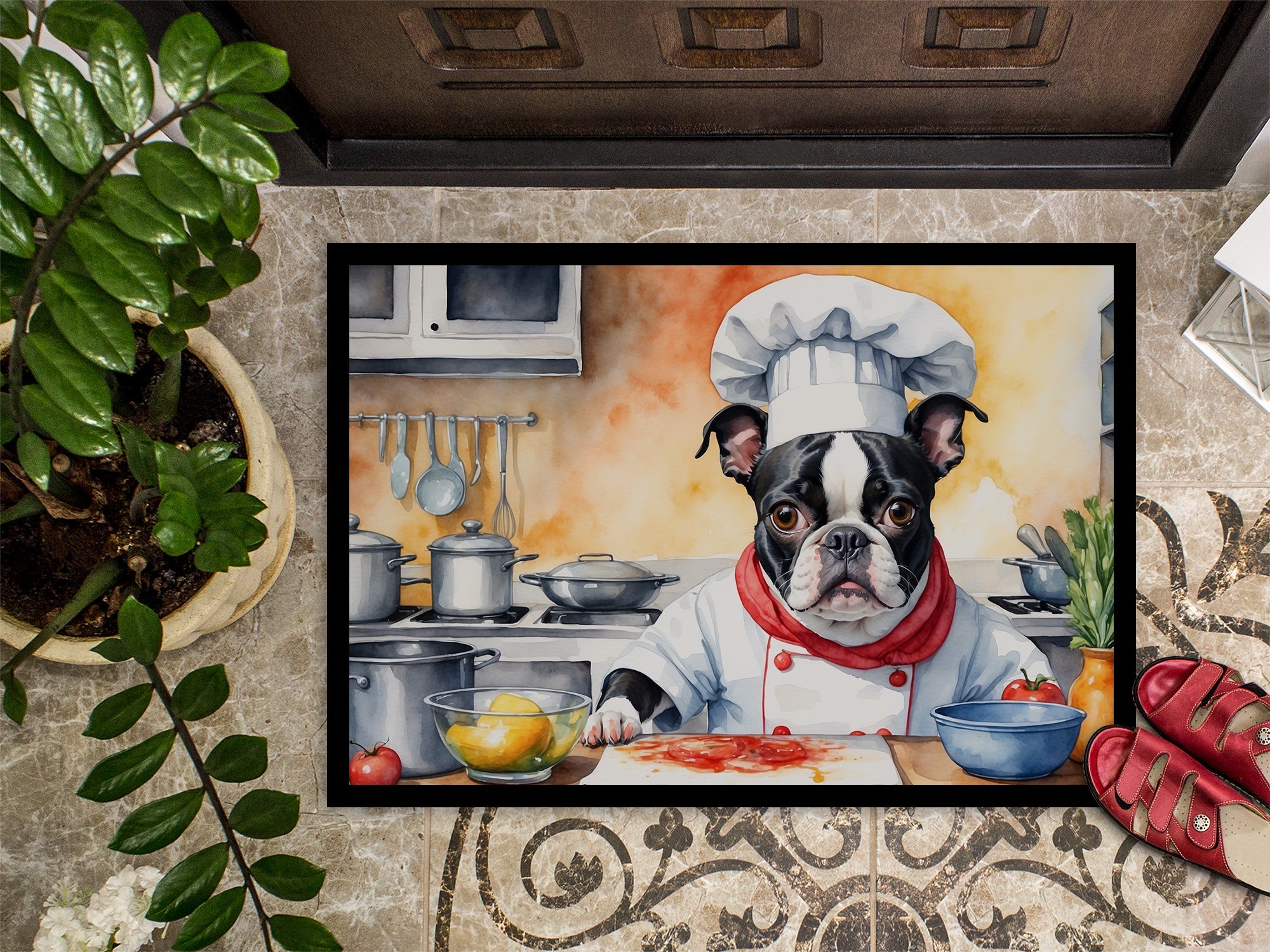 Boston Terrier The Chef Doormat Indoor Outdoor 18H X 27W Front Door Mat Rugs for Entryway, Non Slip Washable