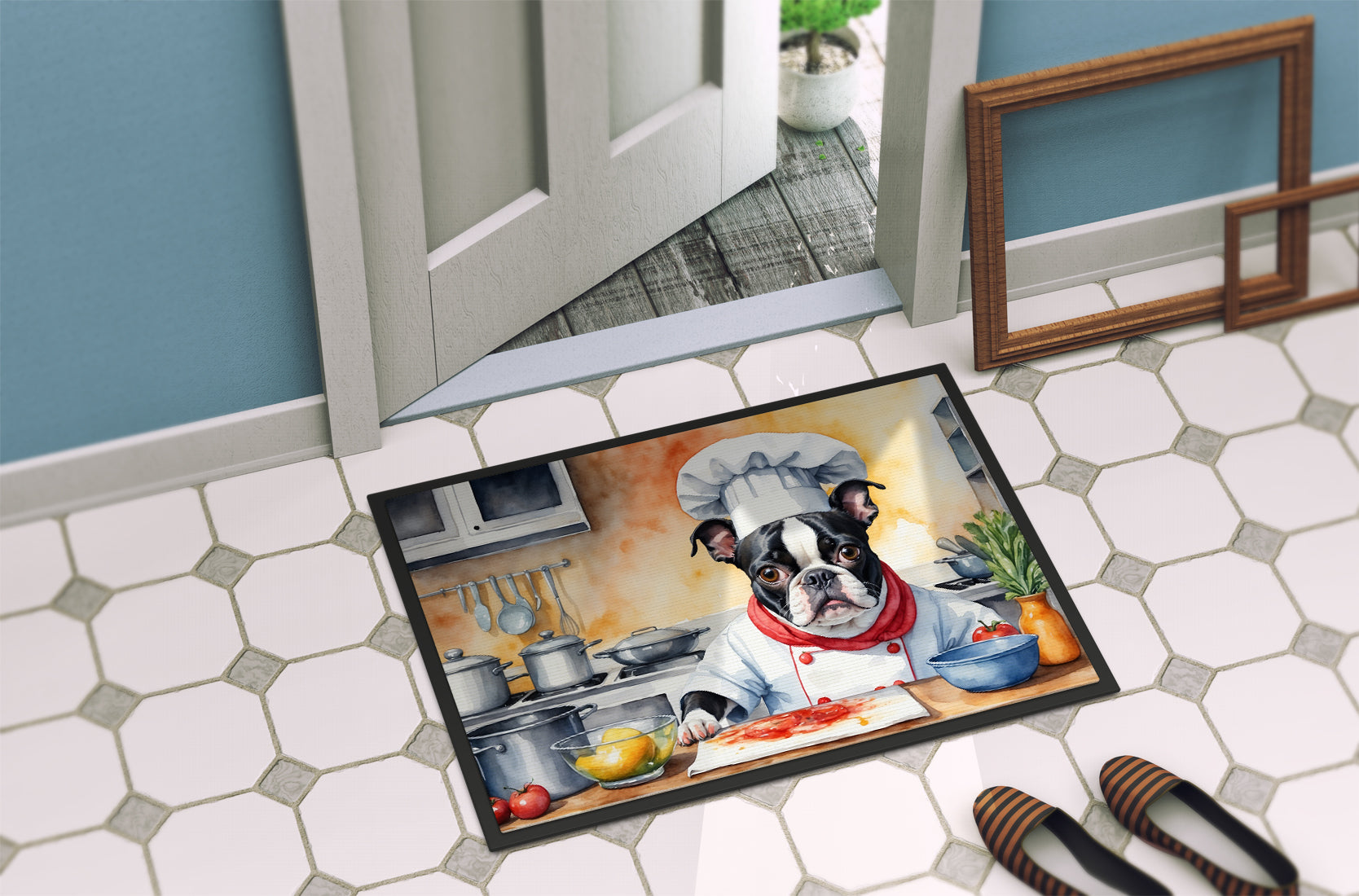 Boston Terrier The Chef Doormat Indoor Outdoor 18H X 27W Front Door Mat Rugs for Entryway, Non Slip Washable