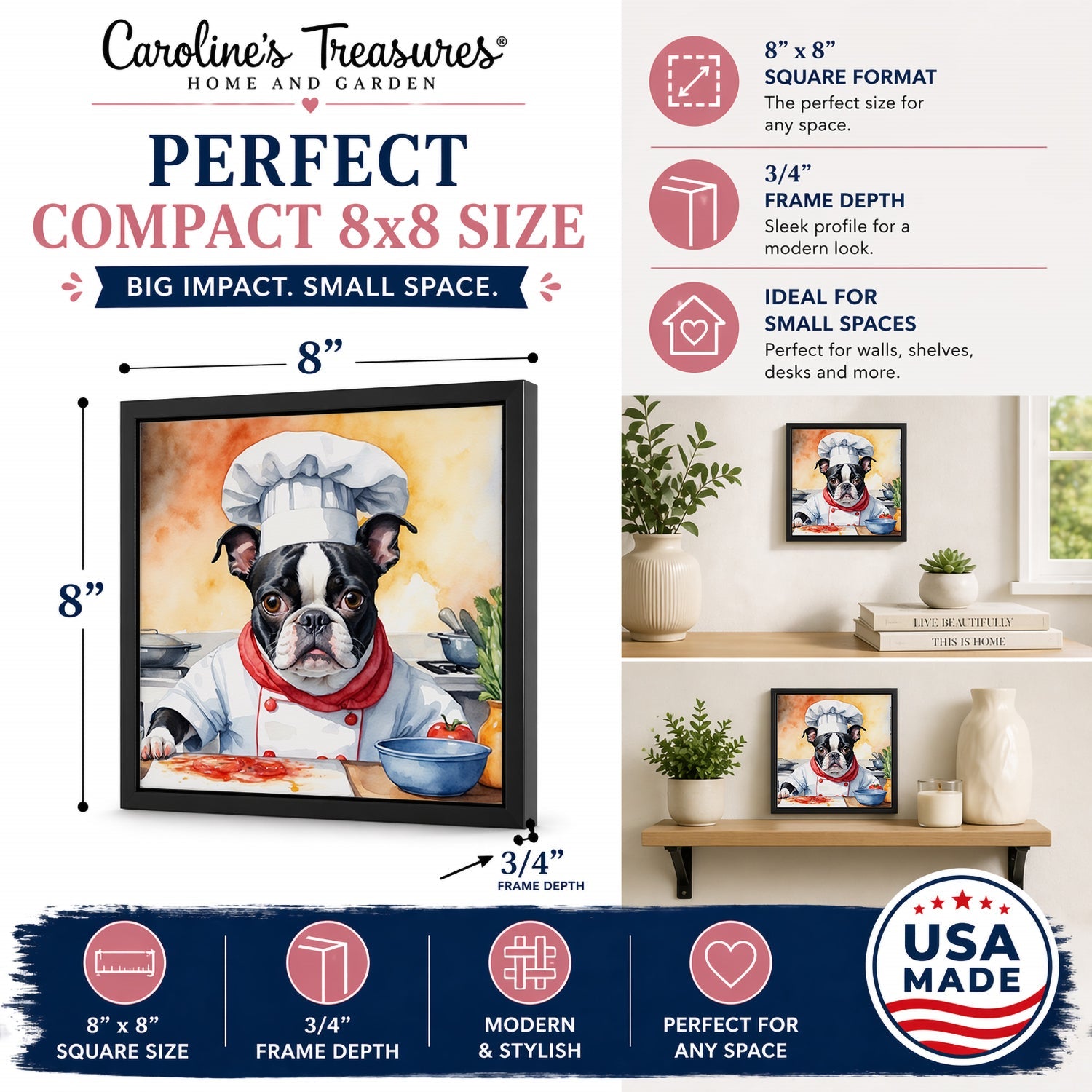 Boston Terrier The Chef Framed Metal Print Bathroom, Kitchen, Office, Home Decor Wall Art Ready to Hang, Square, 8X8