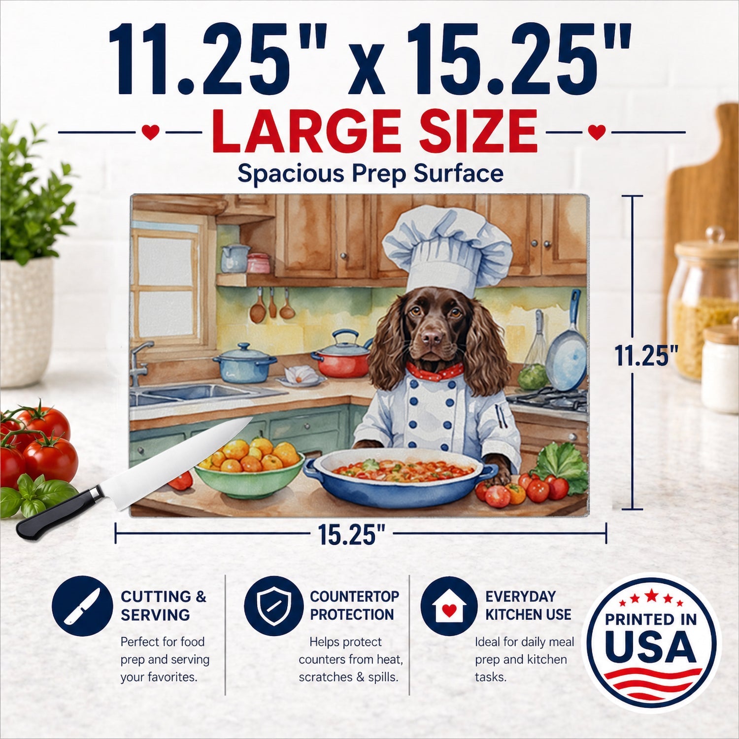 Boykin Spaniel The Chef Cutting Board Tempered Glass Kitchen Cutting Surface, Heat Resistant Chopping, Non-Slip Feet, Food Prep & Serving