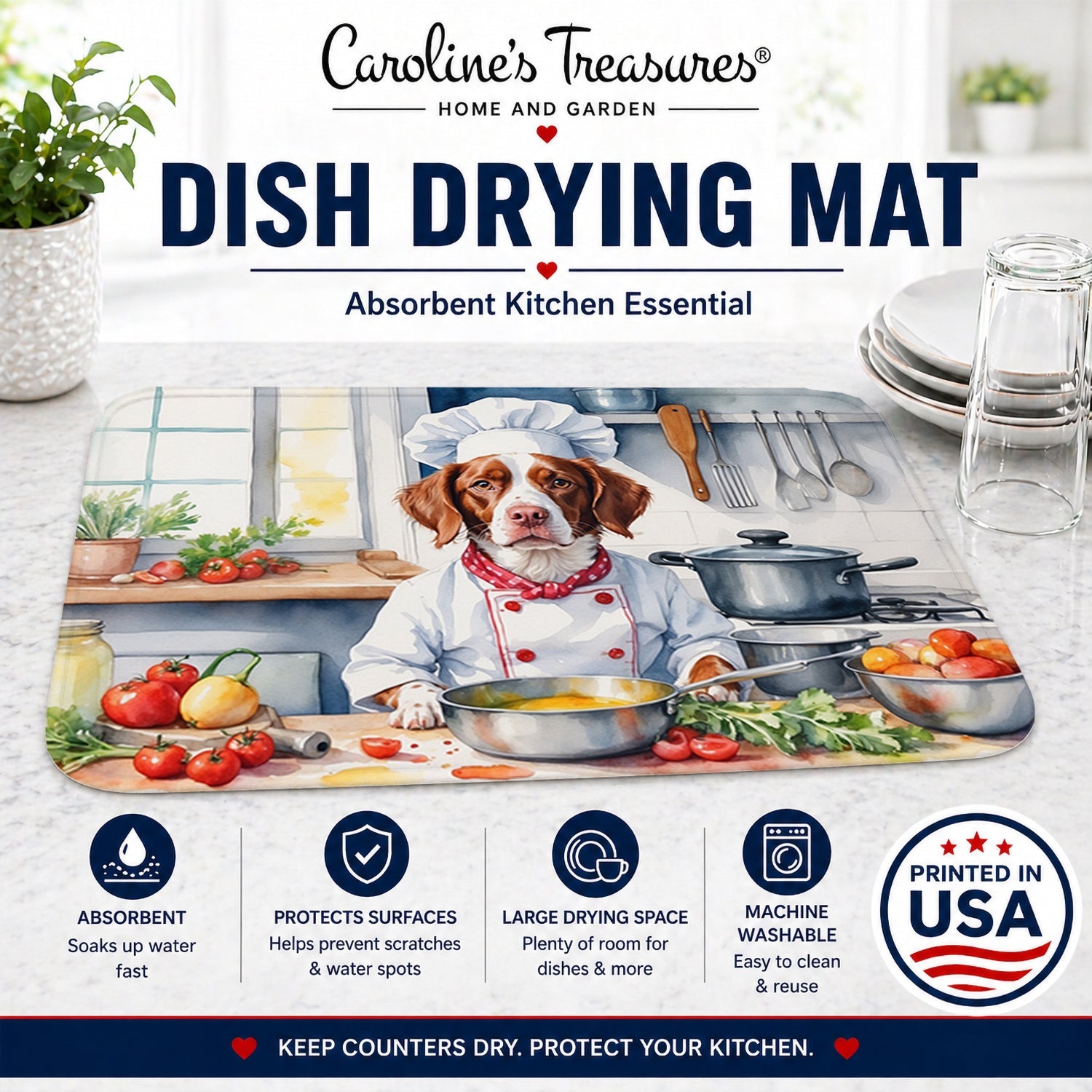 Brittany Spaniel The Chef Dish Drying Mat Absorbent Dish Drying Mat Pad for Kitchen Counter Dish Drainer Mat for Countertop, 14 x 21", Multicolor