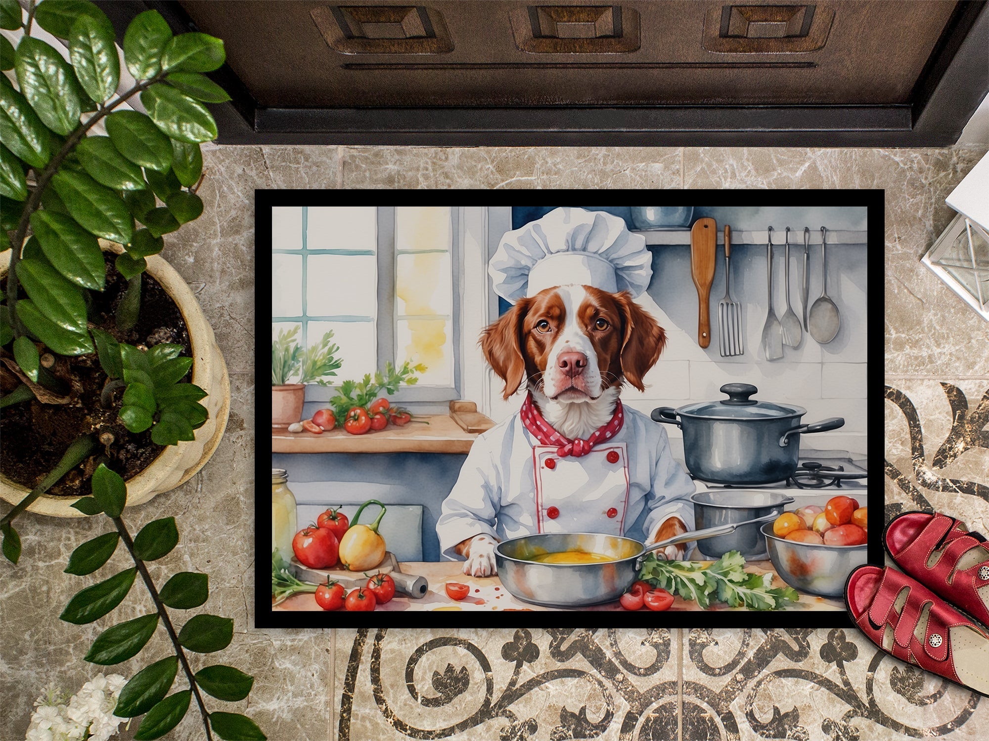 Brittany Spaniel The Chef Doormat Indoor Outdoor 24H X 36W Front Door Mat Rugs for Entryway, Non Slip Washable Low Pile,