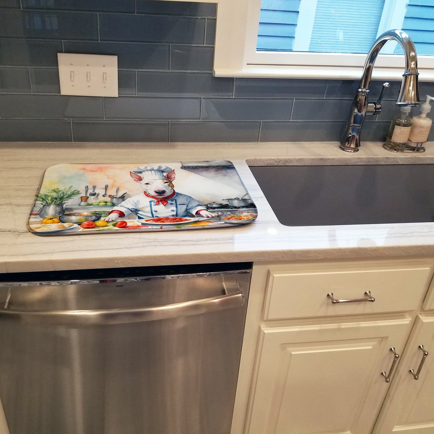 Bull Terrier The Chef Dish Drying Mat Absorbent Dish Drying Mat Pad for Kitchen Counter Dish Drainer Mat for Countertop, 14 x 21", Multicolor