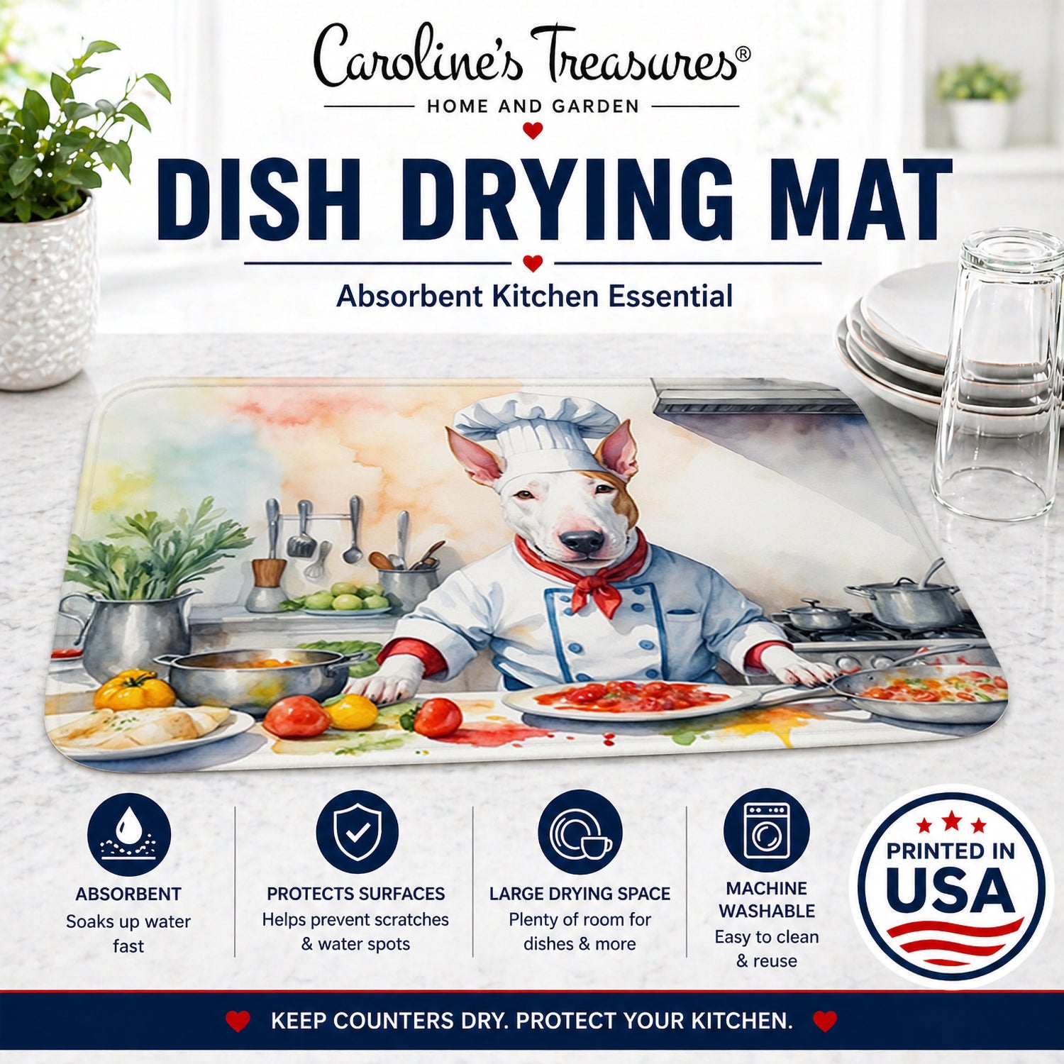 Bull Terrier The Chef Dish Drying Mat Absorbent Dish Drying Mat Pad for Kitchen Counter Dish Drainer Mat for Countertop, 14 x 21", Multicolor