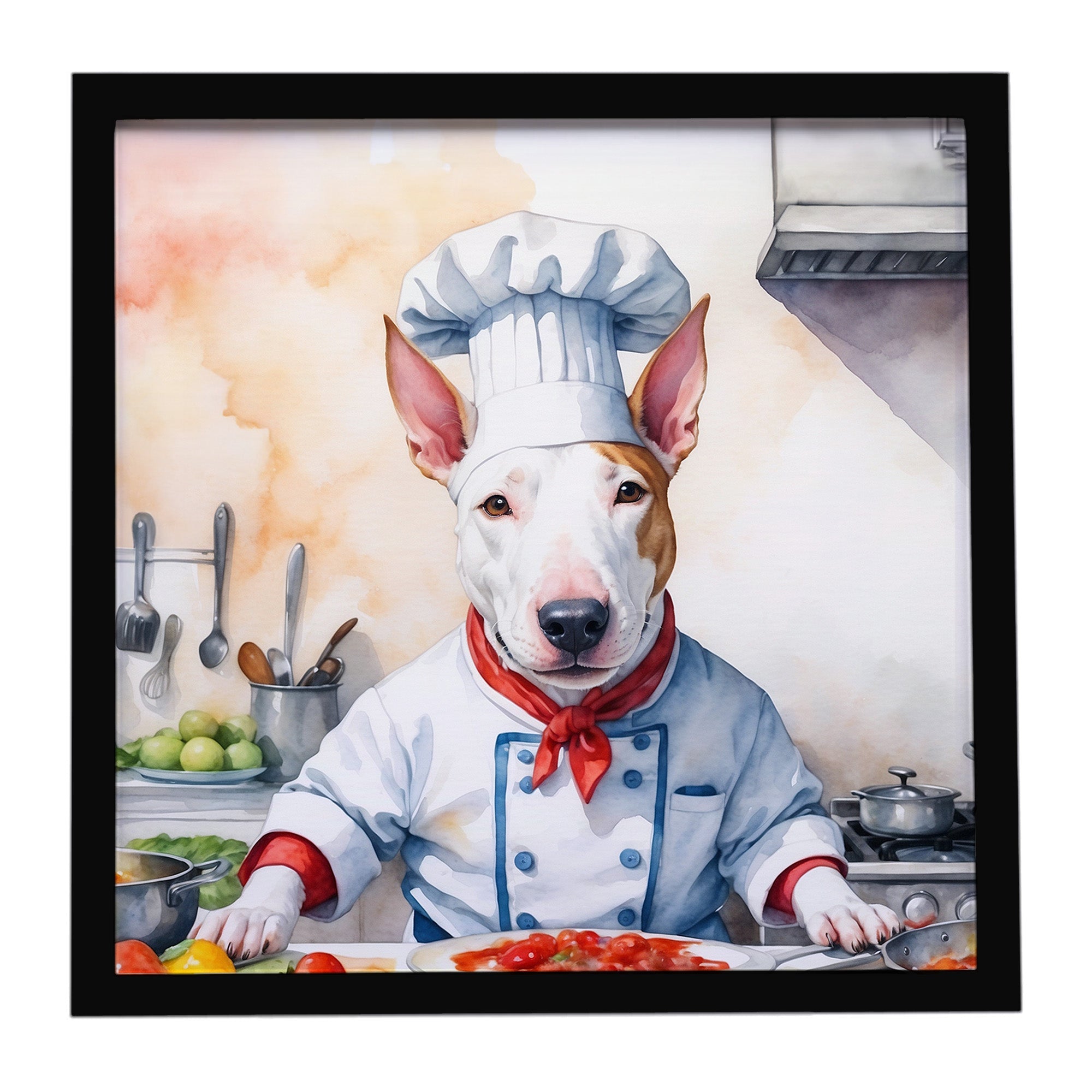Bull Terrier The Chef Framed Metal Print Bathroom, Kitchen, Office, Home Decor Wall Art Ready to Hang, Square, 8X8