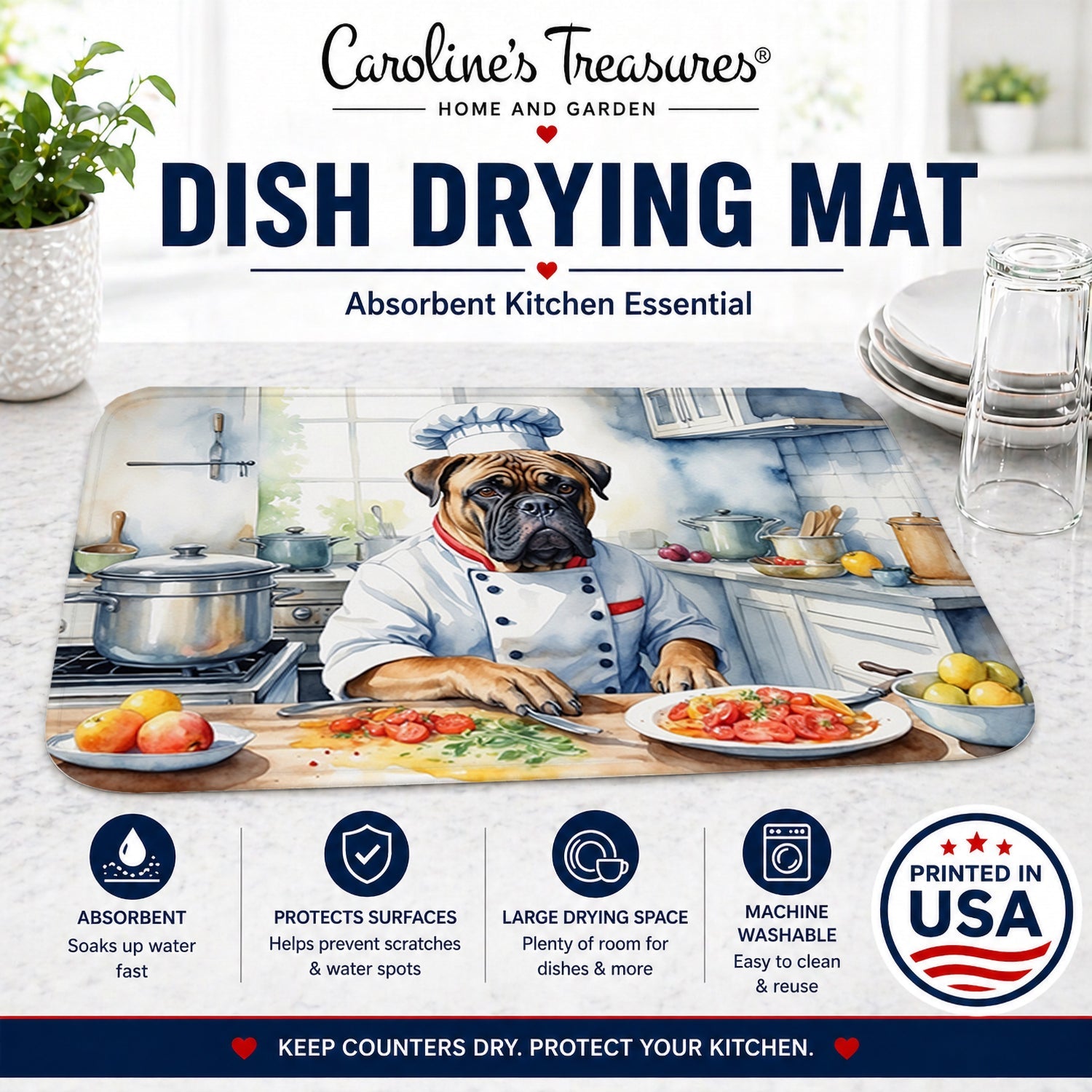 Bullmastiff The Chef Dish Drying Mat Absorbent Dish Drying Mat Pad for Kitchen Counter Dish Drainer Mat for Countertop, 14 x 21", Multicolor