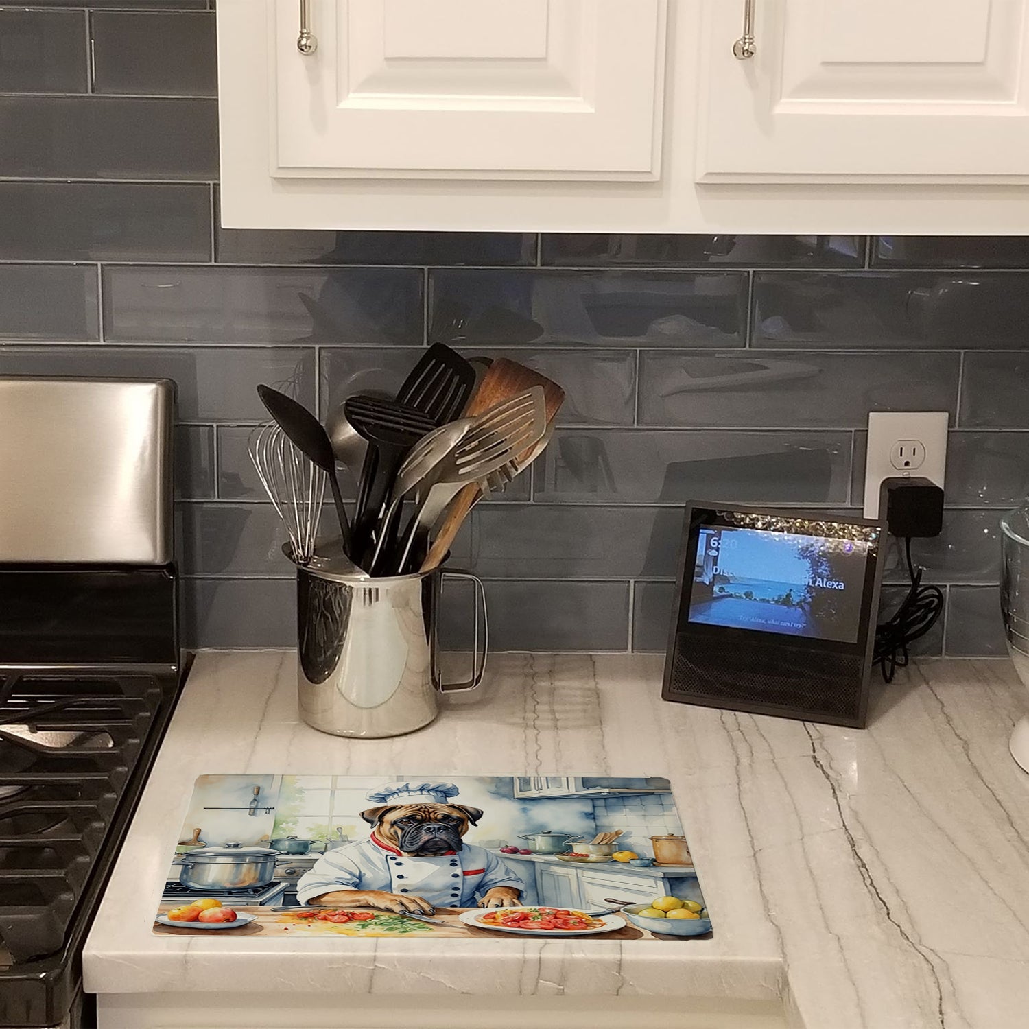 Bullmastiff The Chef Cutting Board Tempered Glass Kitchen Cutting Surface, Heat Resistant Chopping, Non-Slip Feet, Food Prep & Serving