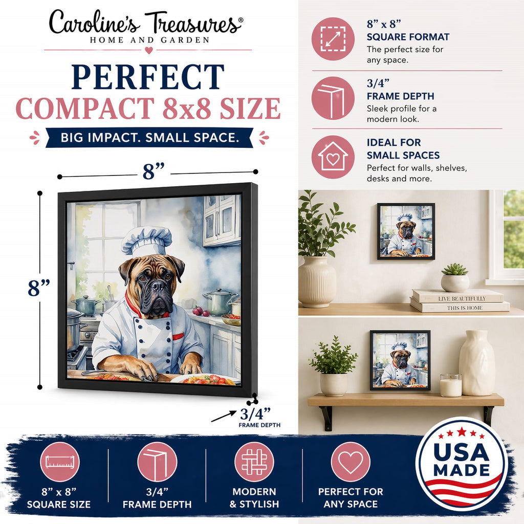 Bullmastiff The Chef Framed Metal Print Bathroom, Kitchen, Office, Home Decor Wall Art Ready to Hang, Square, 8X8