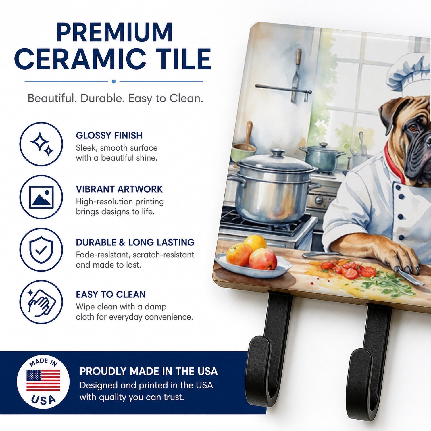 Bullmastiff The Chef Leash or Key Holder Wall Hooks, Coat Rack Wall Mount, for Hanging Keys, Towels, Aprons, Leashes