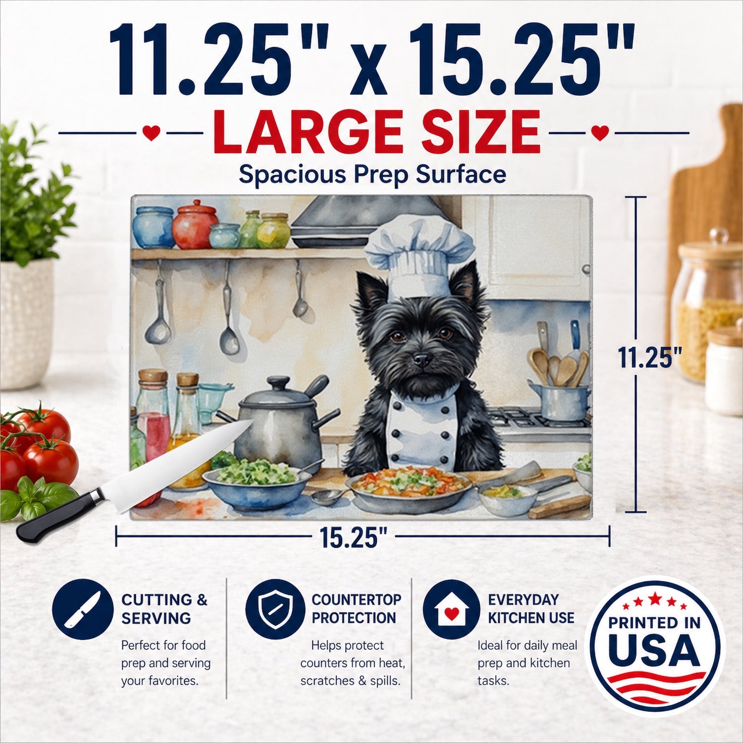 Cairn Terrier The Chef Cutting Board Tempered Glass Kitchen Cutting Surface, Heat Resistant Chopping, Non-Slip Feet, Food Prep & Serving