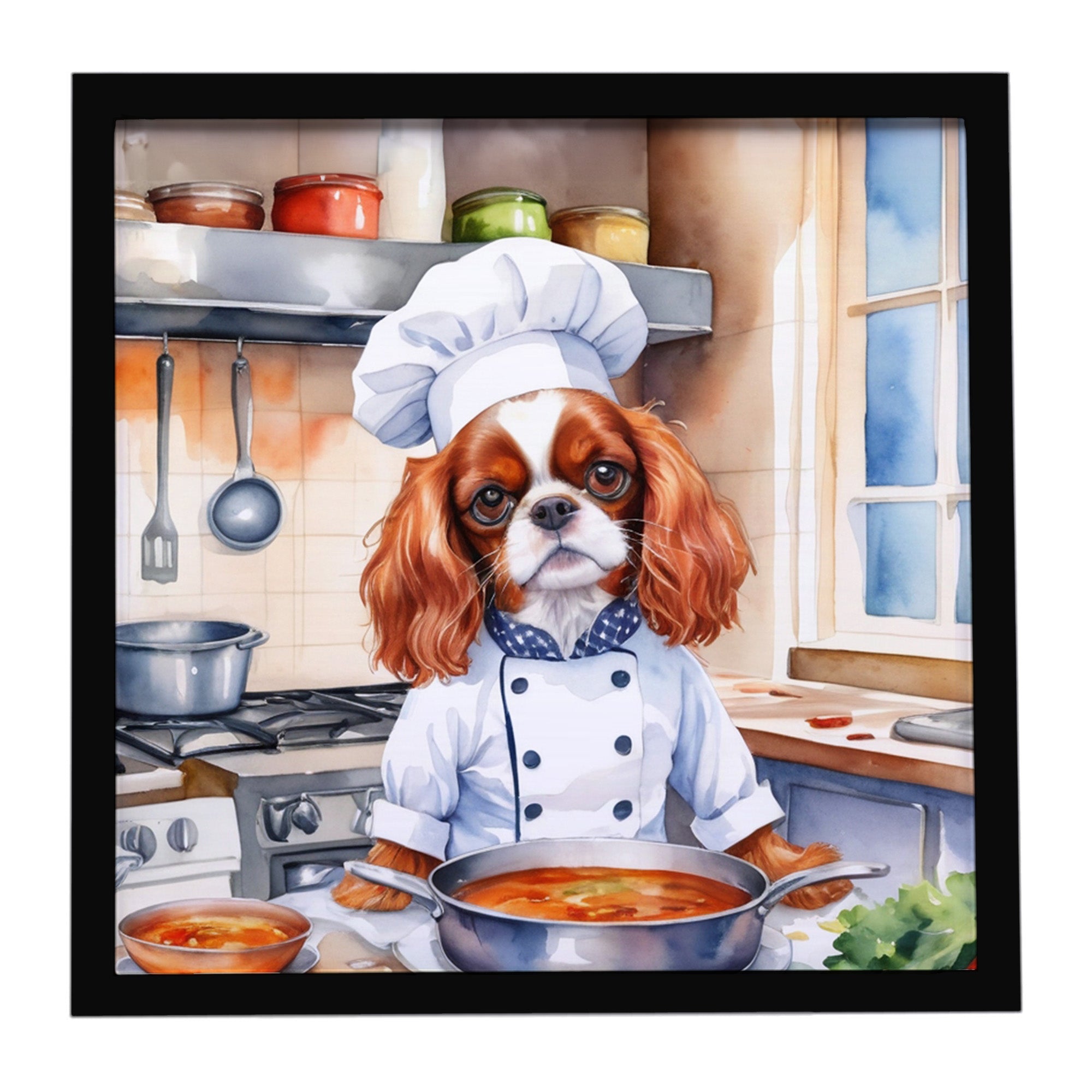 Cavalier Spaniel The Chef Framed Metal Print Bathroom, Kitchen, Office, Home Decor Wall Art Ready to Hang, Square, 8X8