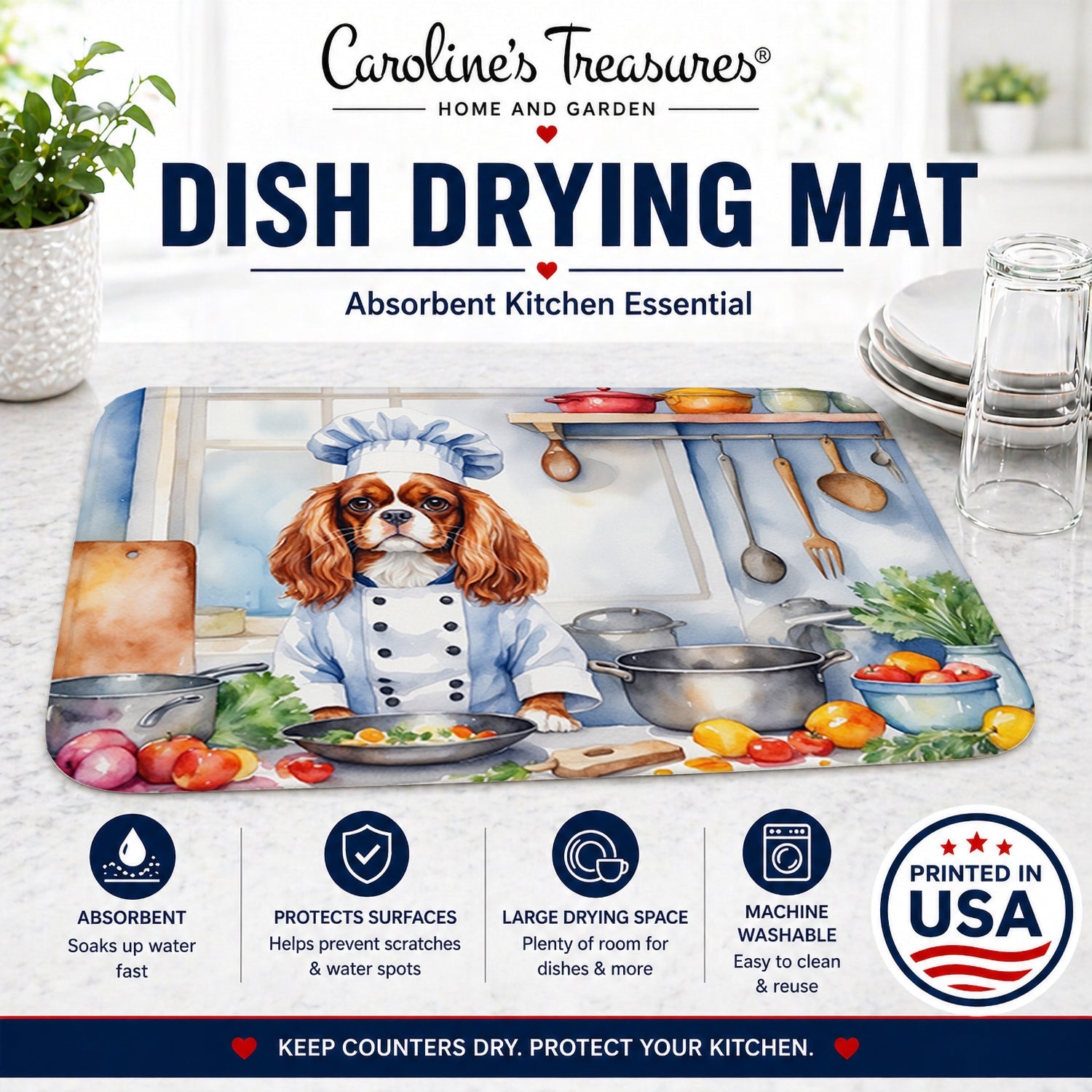 Cavalier Spaniel The Chef Dish Drying Mat Absorbent Dish Drying Mat Pad for Kitchen Counter Dish Drainer Mat for Countertop, 14 x 21", Multicolor