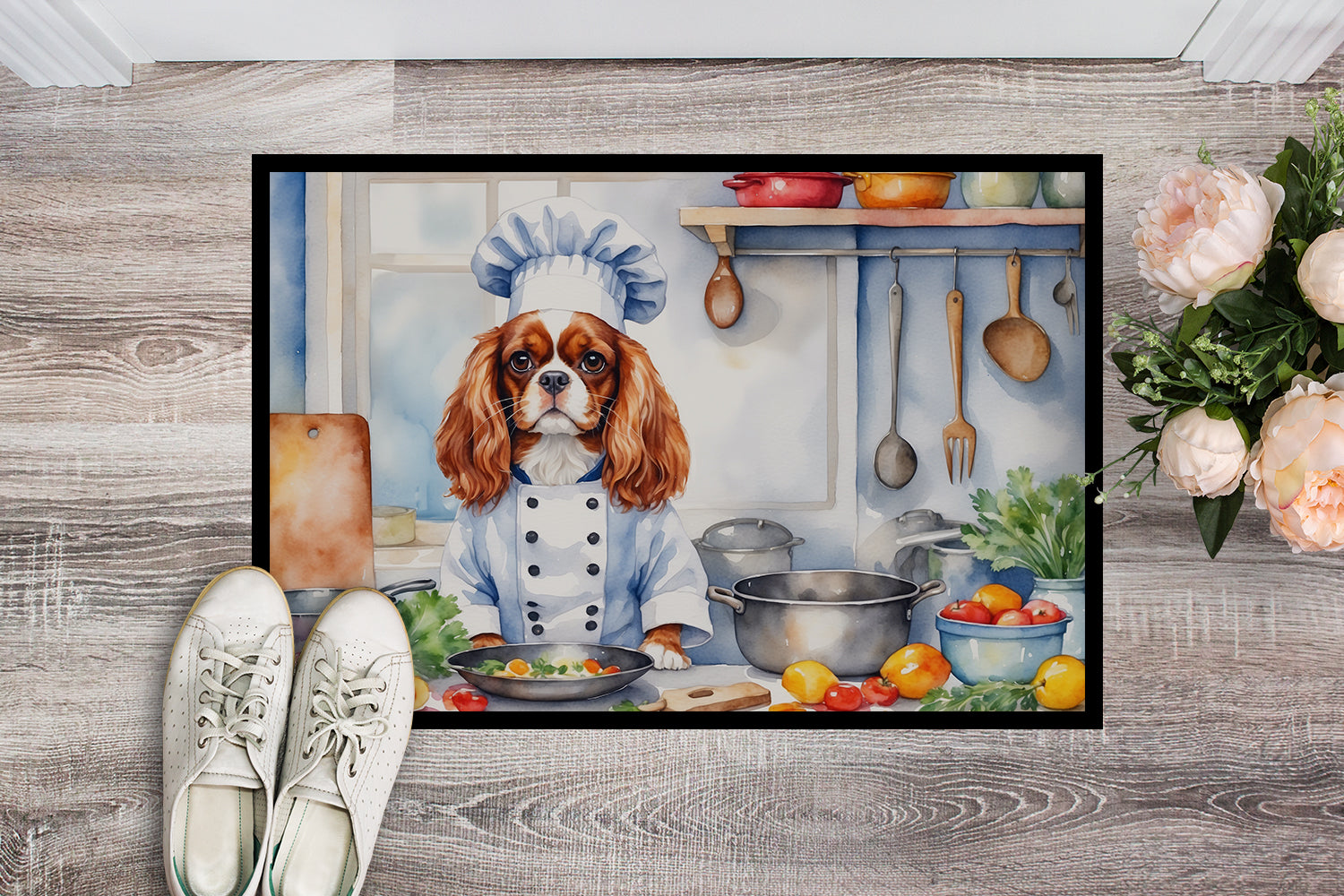 Cavalier Spaniel The Chef Doormat Indoor Outdoor 18H X 27W Front Door Mat Rugs for Entryway, Non Slip Washable