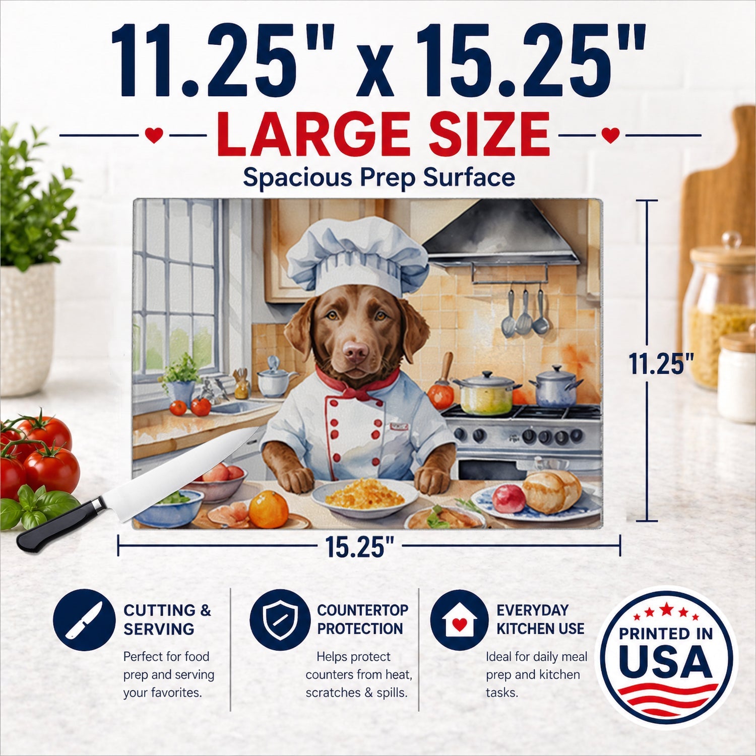 Chesapeake Bay Retriever The Chef Cutting Board Tempered Glass Kitchen Cutting Surface, Heat Resistant Chopping, Non-Slip Feet, Food Prep & Serving