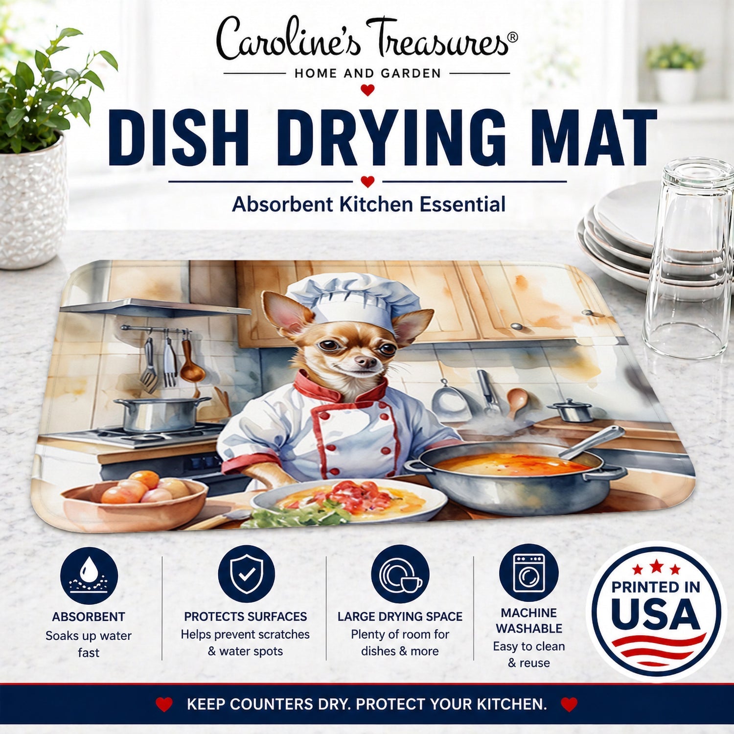 Chihuahua The Chef Dish Drying Mat Absorbent Dish Drying Mat Pad for Kitchen Counter Dish Drainer Mat for Countertop, 14 x 21", Multicolor