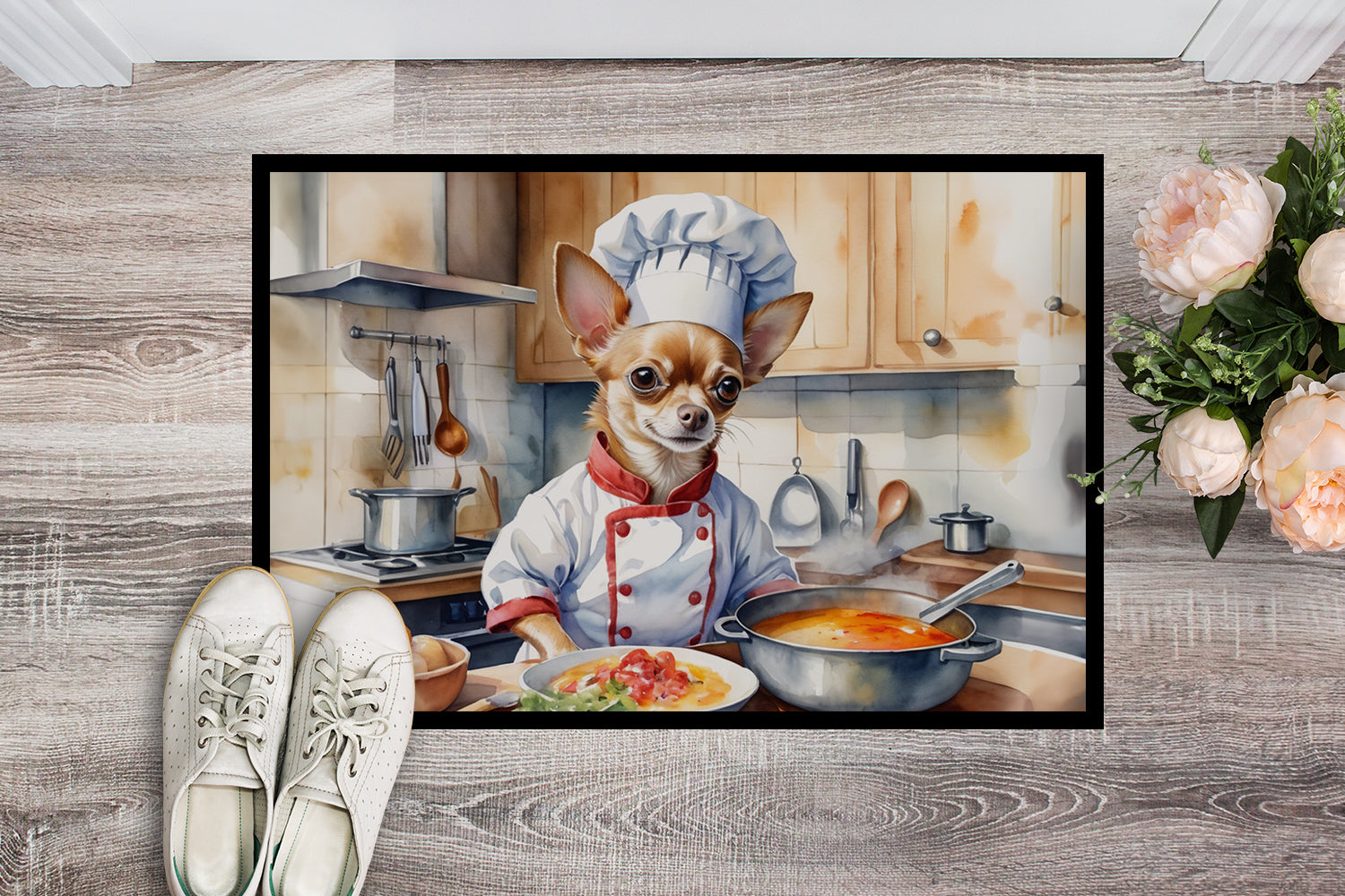 Chihuahua The Chef Doormat Indoor Outdoor 18H X 27W Front Door Mat Rugs for Entryway, Non Slip Washable