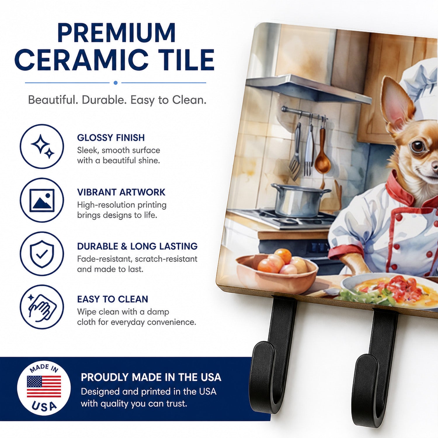 Chihuahua The Chef Leash or Key Holder Wall Hooks, Coat Rack Wall Mount, for Hanging Keys, Towels, Aprons, Leashes