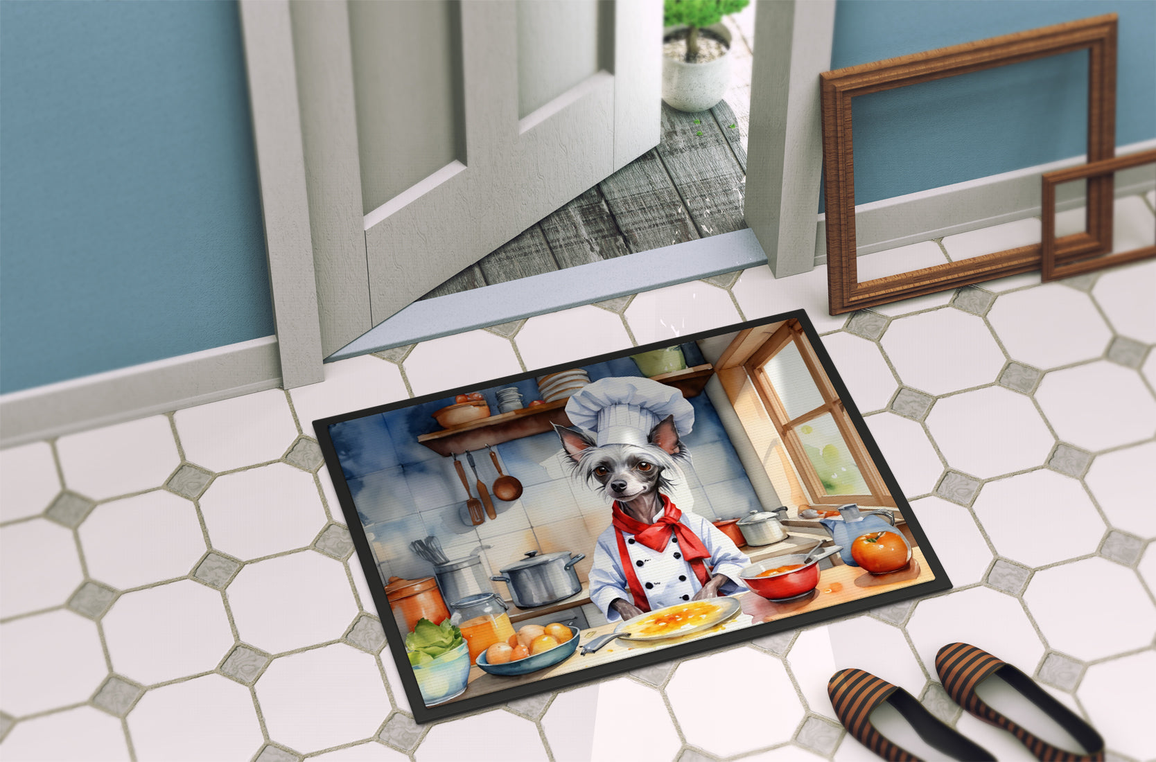 Chinese Crested The Chef Doormat Indoor Outdoor 18H X 27W Front Door Mat Rugs for Entryway, Non Slip Washable