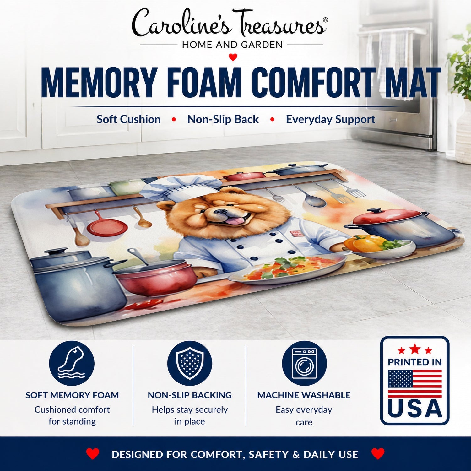 Chow Chow The Chef Memory Foam Kitchen Mat Machine Washable Anti-Fatigue Cushion Comfort Bath or Kitchen Rug