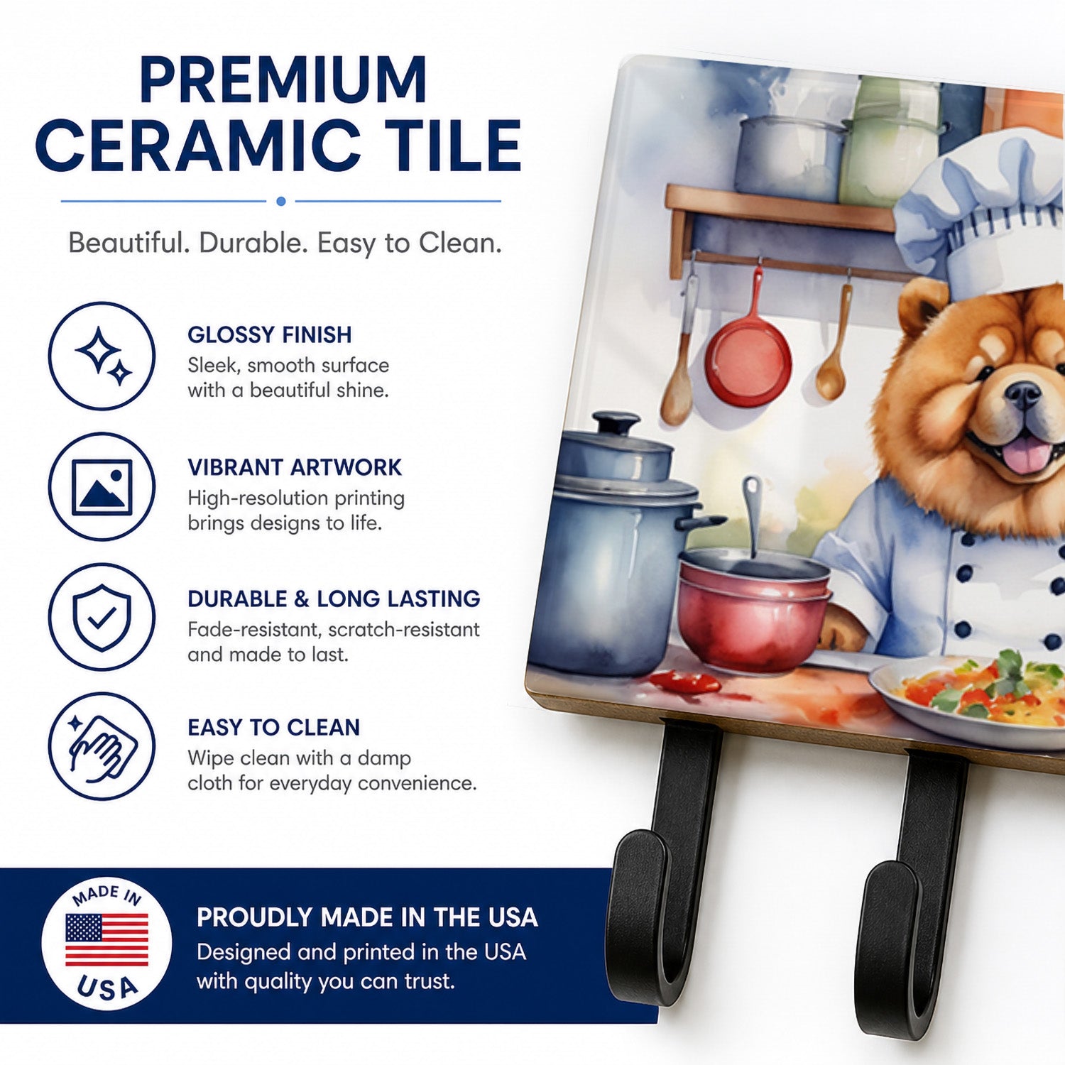 Chow Chow The Chef Leash or Key Holder Wall Hooks, Coat Rack Wall Mount, for Hanging Keys, Towels, Aprons, Leashes