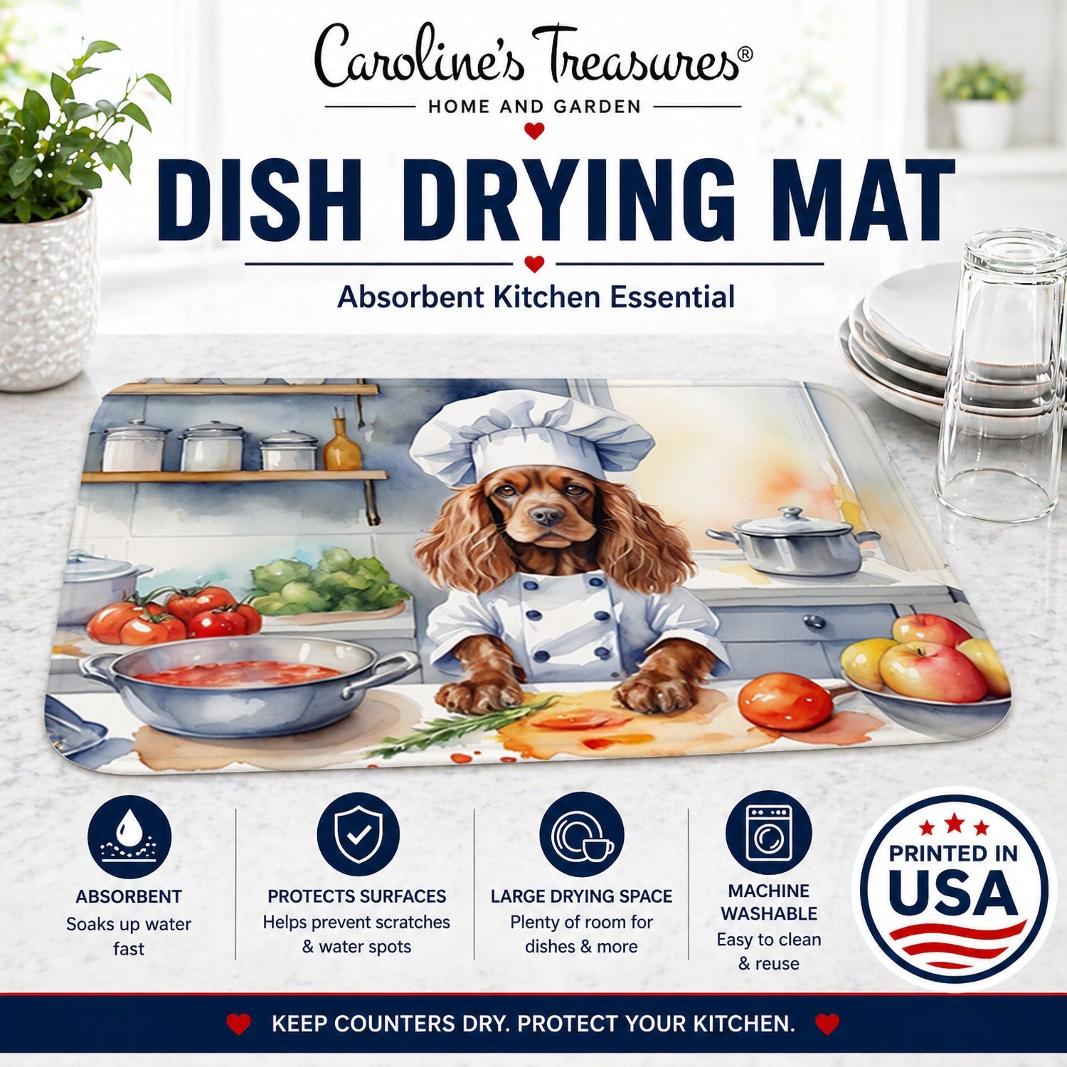 Cocker Spaniel The Chef Dish Drying Mat Absorbent Dish Drying Mat Pad for Kitchen Counter Dish Drainer Mat for Countertop, 14 x 21", Multicolor