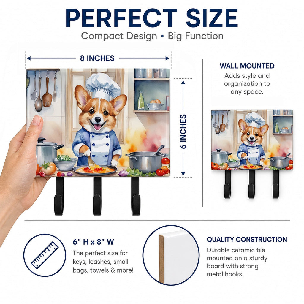 Corgi The Chef Leash or Key Holder Wall Hooks, Coat Rack Wall Mount, for Hanging Keys, Towels, Aprons, Leashes