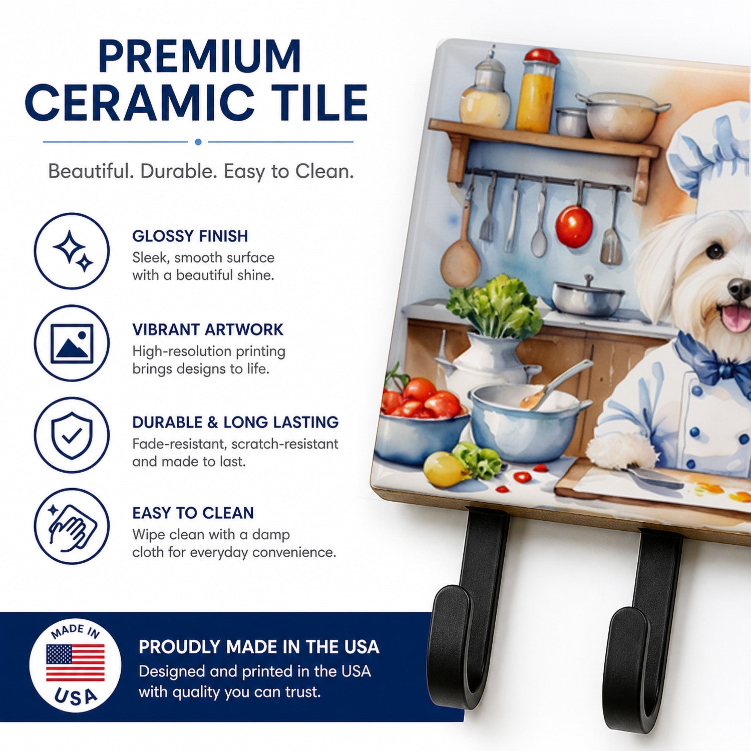 Coton de Tulear The Chef Leash or Key Holder Wall Hooks, Coat Rack Wall Mount, for Hanging Keys, Towels, Aprons, Leashes
