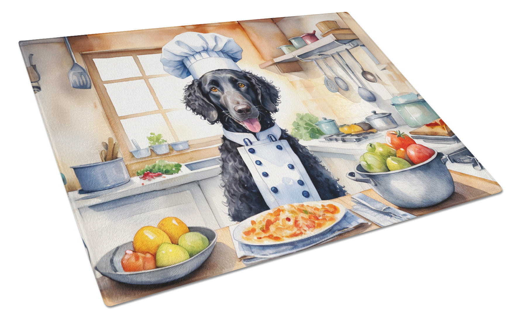 Curly-Coated Retriever The Chef Cutting Board Tempered Glass Kitchen Cutting Surface, Heat Resistant Chopping, Non-Slip Feet, Food Prep & Serving