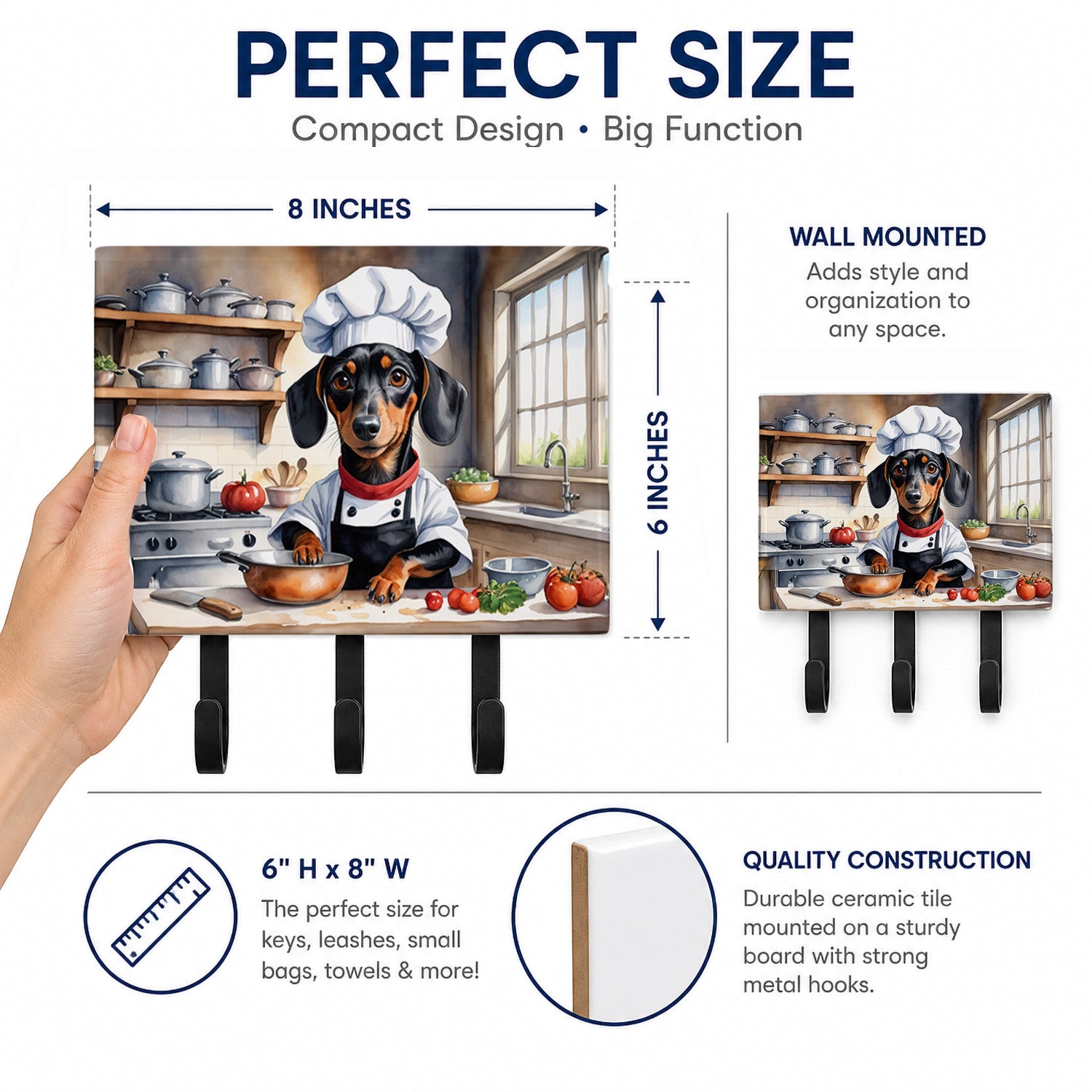 Dachshund The Chef Leash or Key Holder Wall Hooks, Coat Rack Wall Mount, for Hanging Keys, Towels, Aprons, Leashes