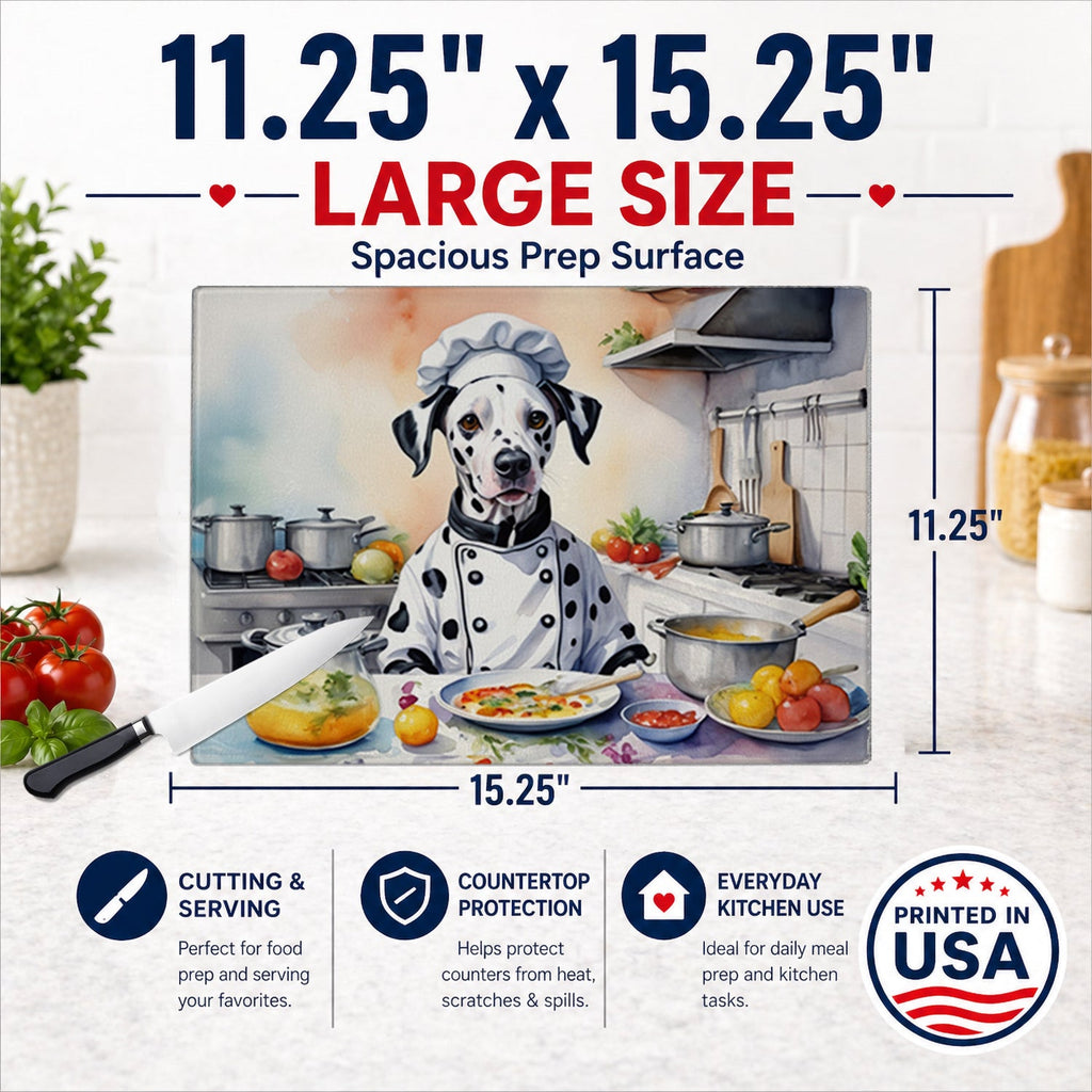 Dalmatian The Chef Cutting Board Tempered Glass Kitchen Cutting Surface, Heat Resistant Chopping, Non-Slip Feet, Food Prep & Serving