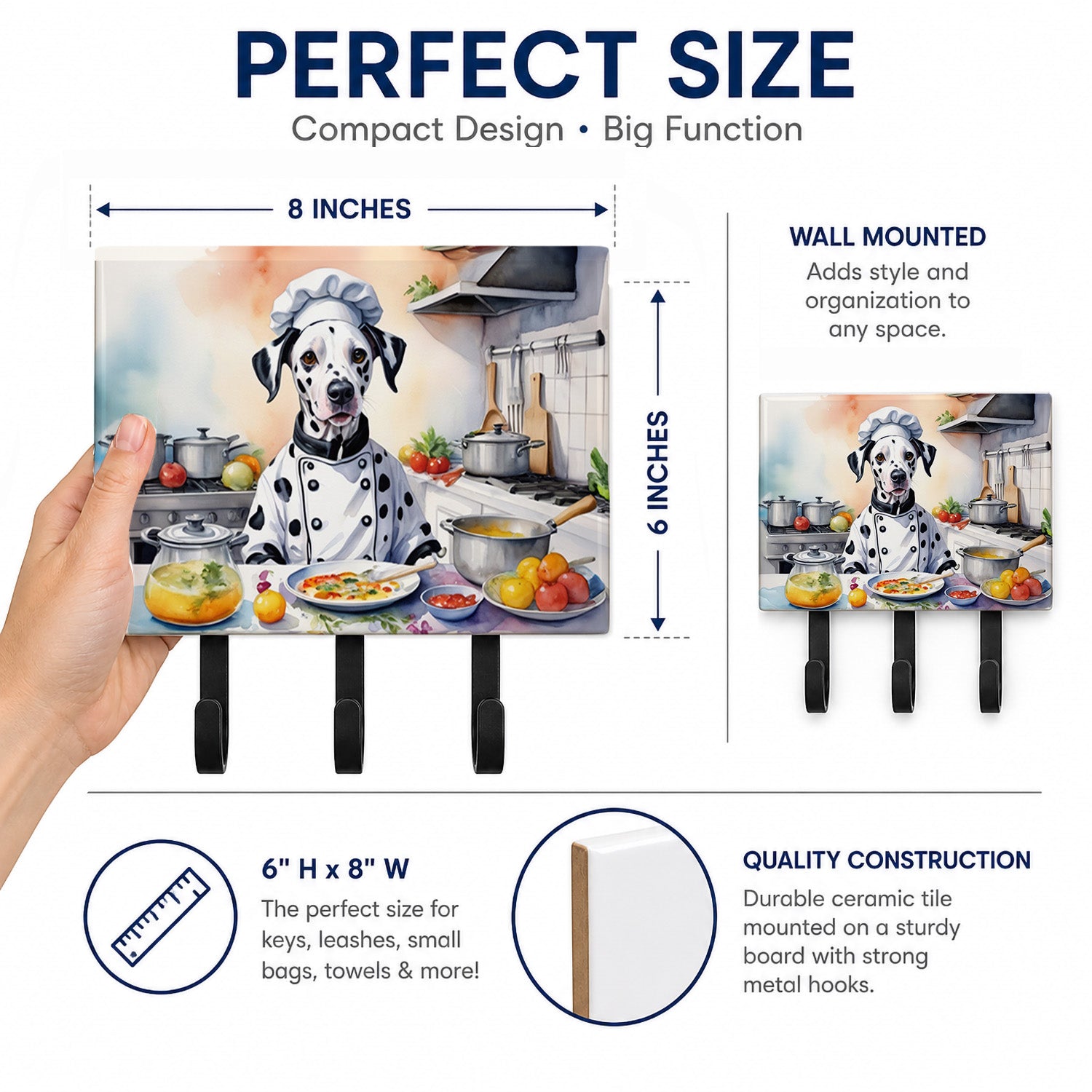 Dalmatian The Chef Leash or Key Holder Wall Hooks, Coat Rack Wall Mount, for Hanging Keys, Towels, Aprons, Leashes