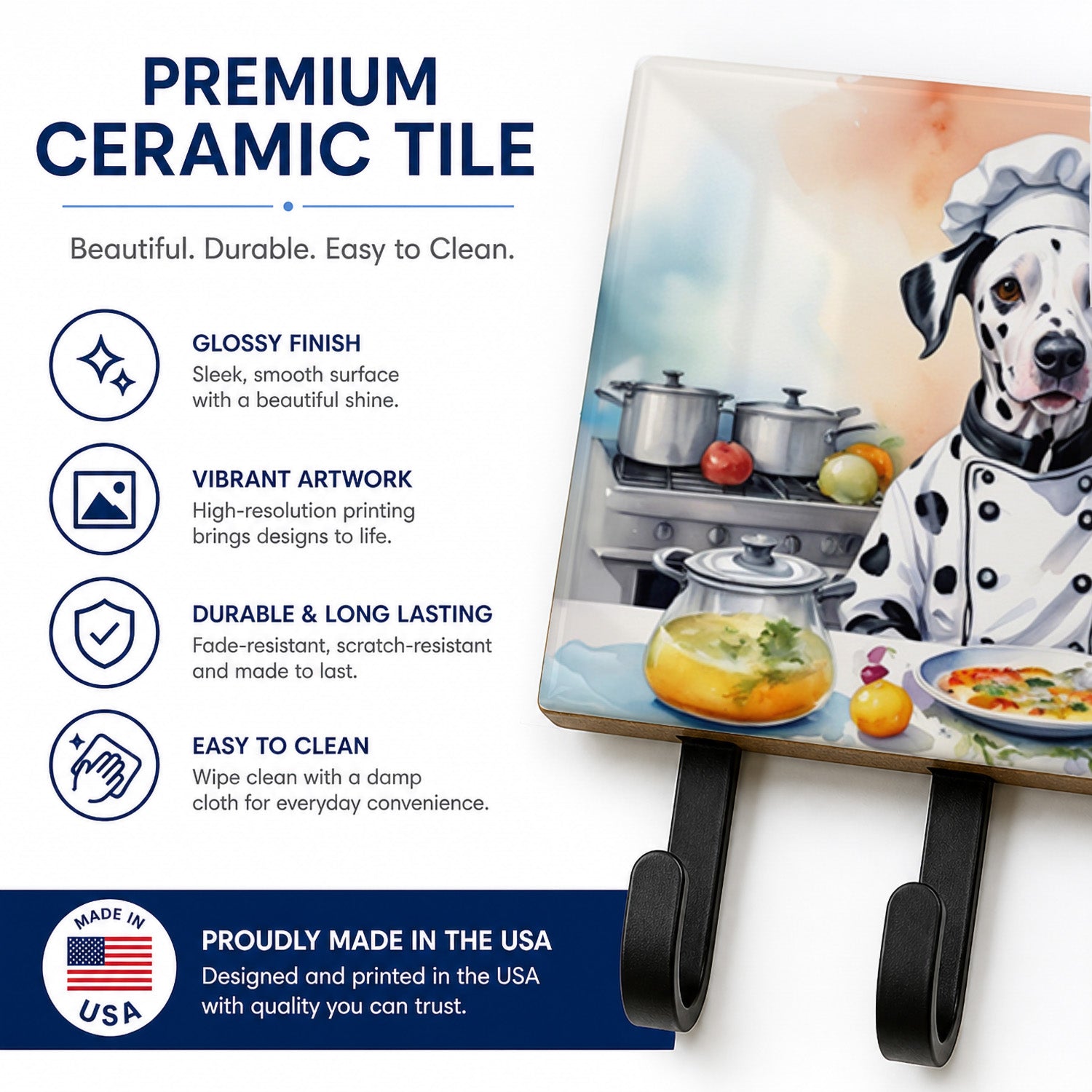 Dalmatian The Chef Leash or Key Holder Wall Hooks, Coat Rack Wall Mount, for Hanging Keys, Towels, Aprons, Leashes