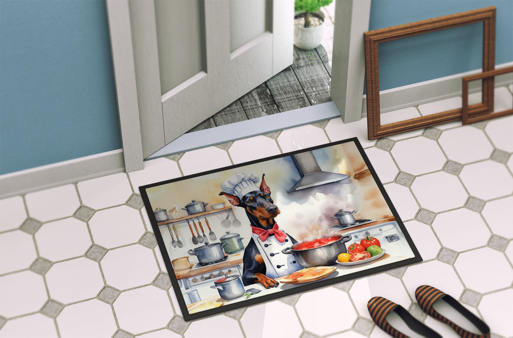 Doberman Pinscher The Chef Doormat Indoor Outdoor 18H X 27W Front Door Mat Rugs for Entryway, Non Slip Washable