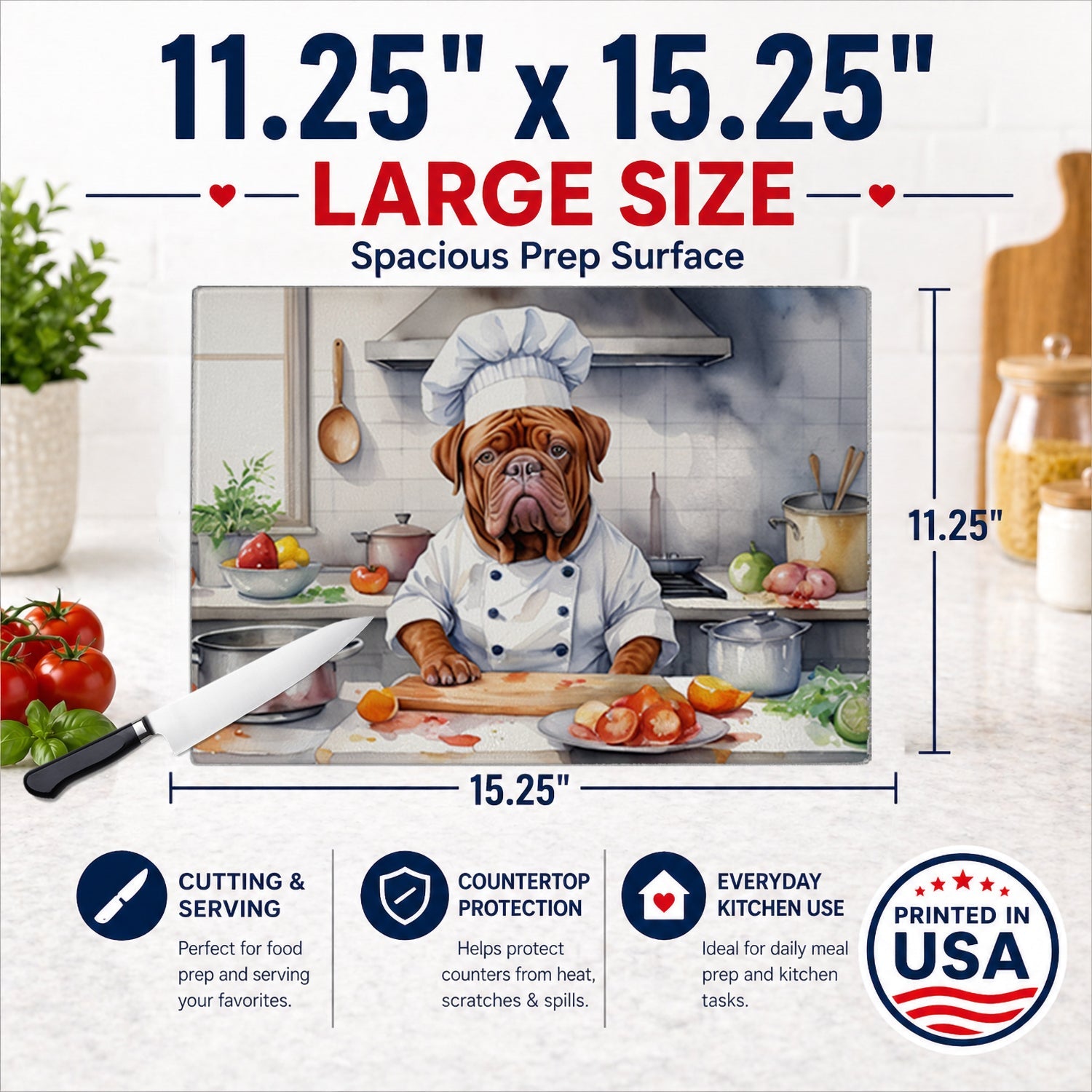 Dogue de Bordeaux The Chef Cutting Board Tempered Glass Kitchen Cutting Surface, Heat Resistant Chopping, Non-Slip Feet, Food Prep & Serving