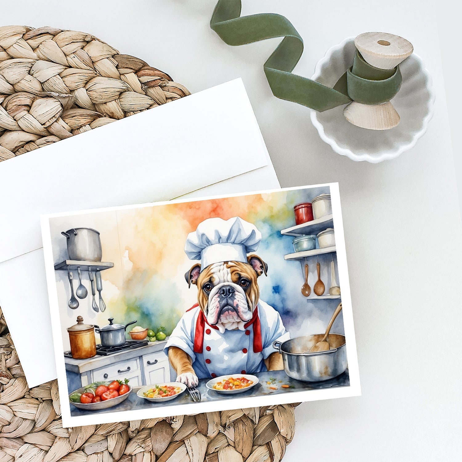 English Bulldog The Chef Greeting Cards Pack of 8 Blank Cards with Envelopes Whimsical A7 Size 5x7