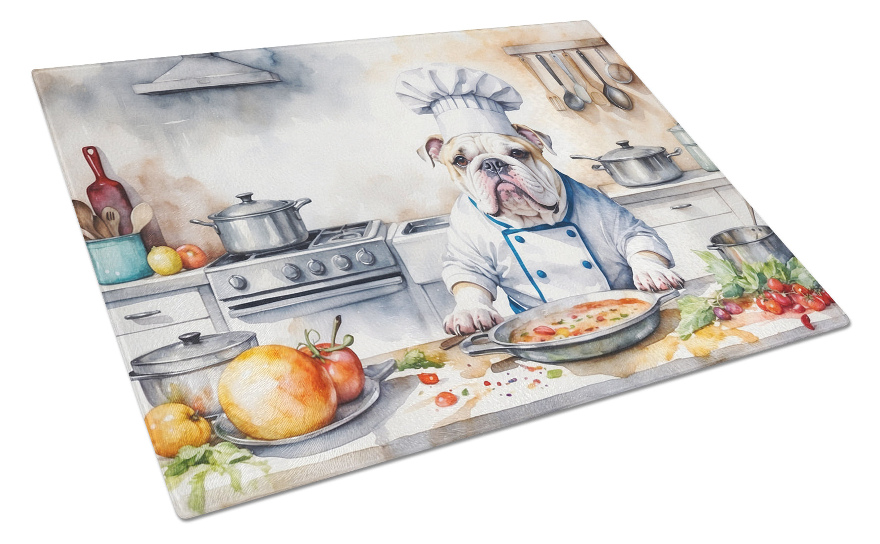 English Bulldog The Chef Cutting Board Tempered Glass Kitchen Cutting Surface, Heat Resistant Chopping, Non-Slip Feet, Food Prep & Serving